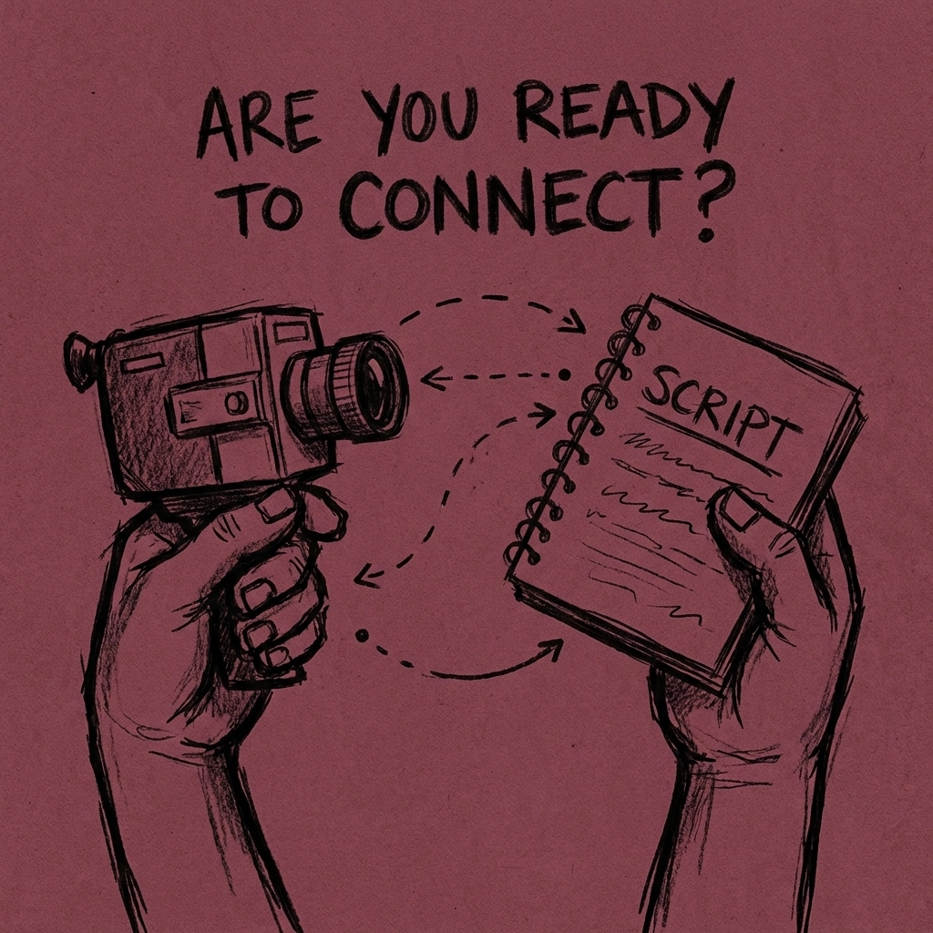 Sketch of hands exchanging a camera and script, showing creative collaboration in the IncluHub community