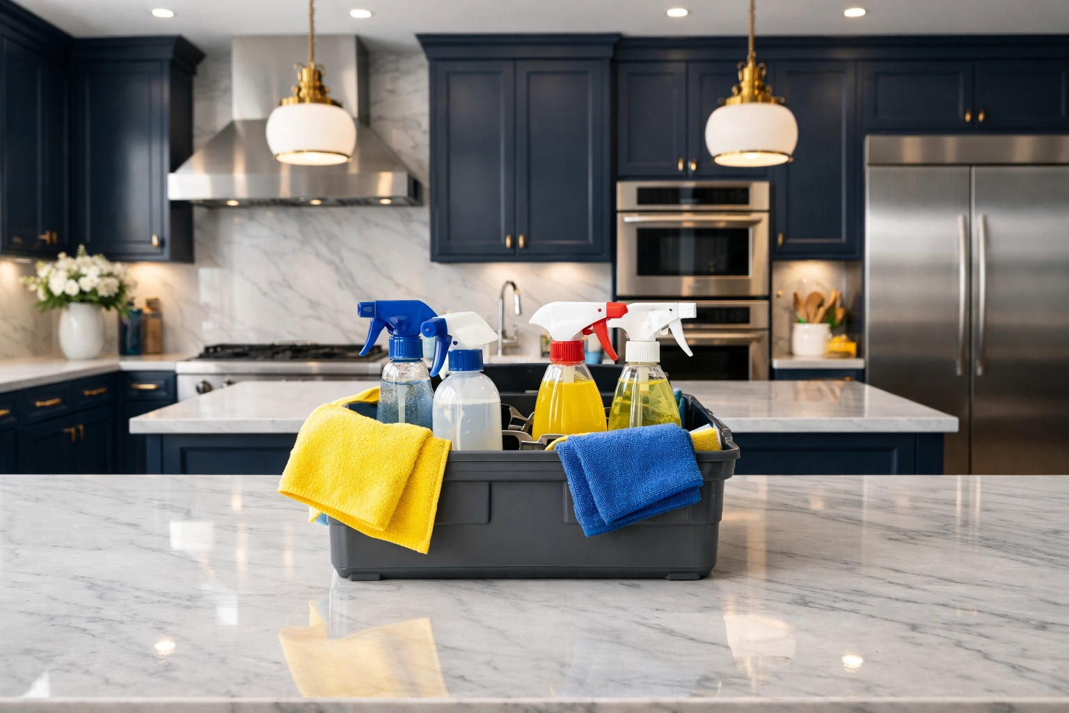Professional cleaners Lowell use an organized cleaning caddy in a luxury kitchen for efficient residential cleaning.