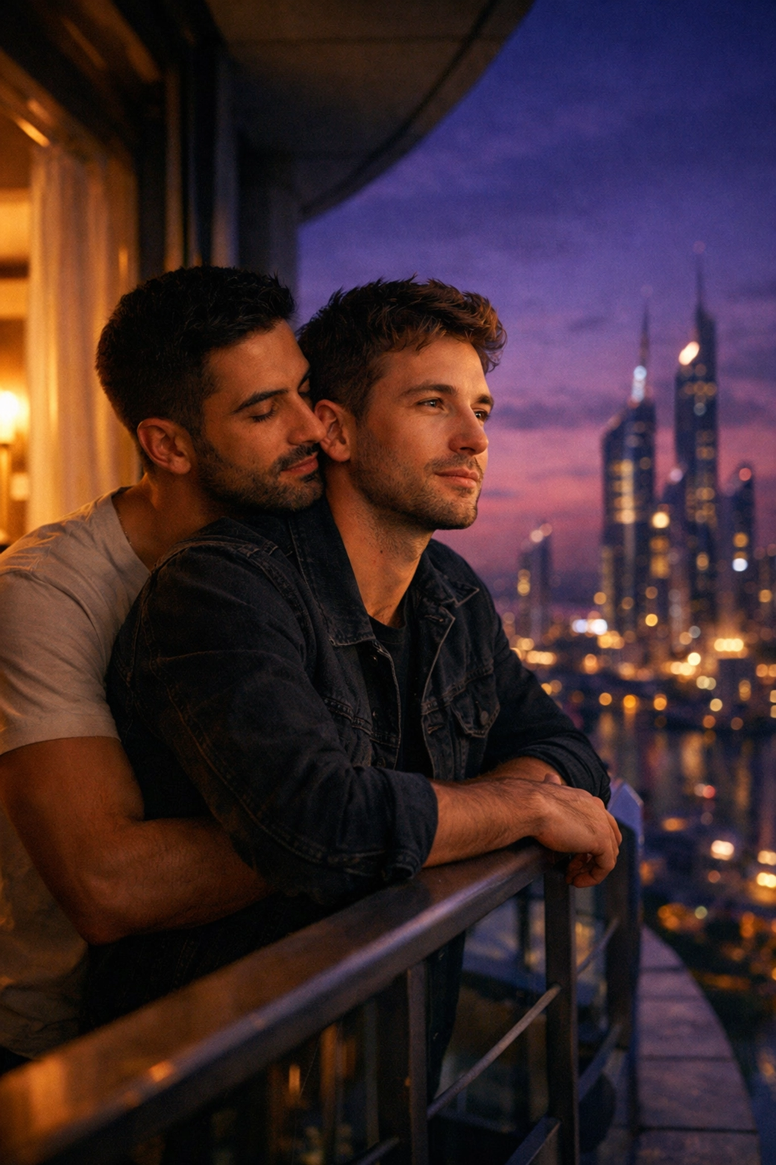 Two men reflecting on their authentic queer identity and the science of gender on a city balcony.