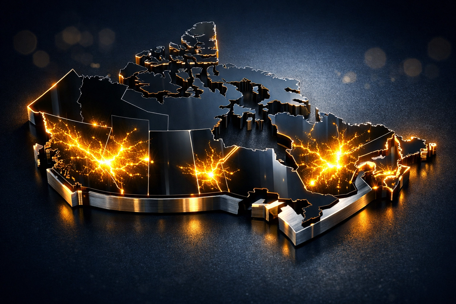 Map of Canada with golden highlights representing a goldmine of commercial equipment financing opportunities.