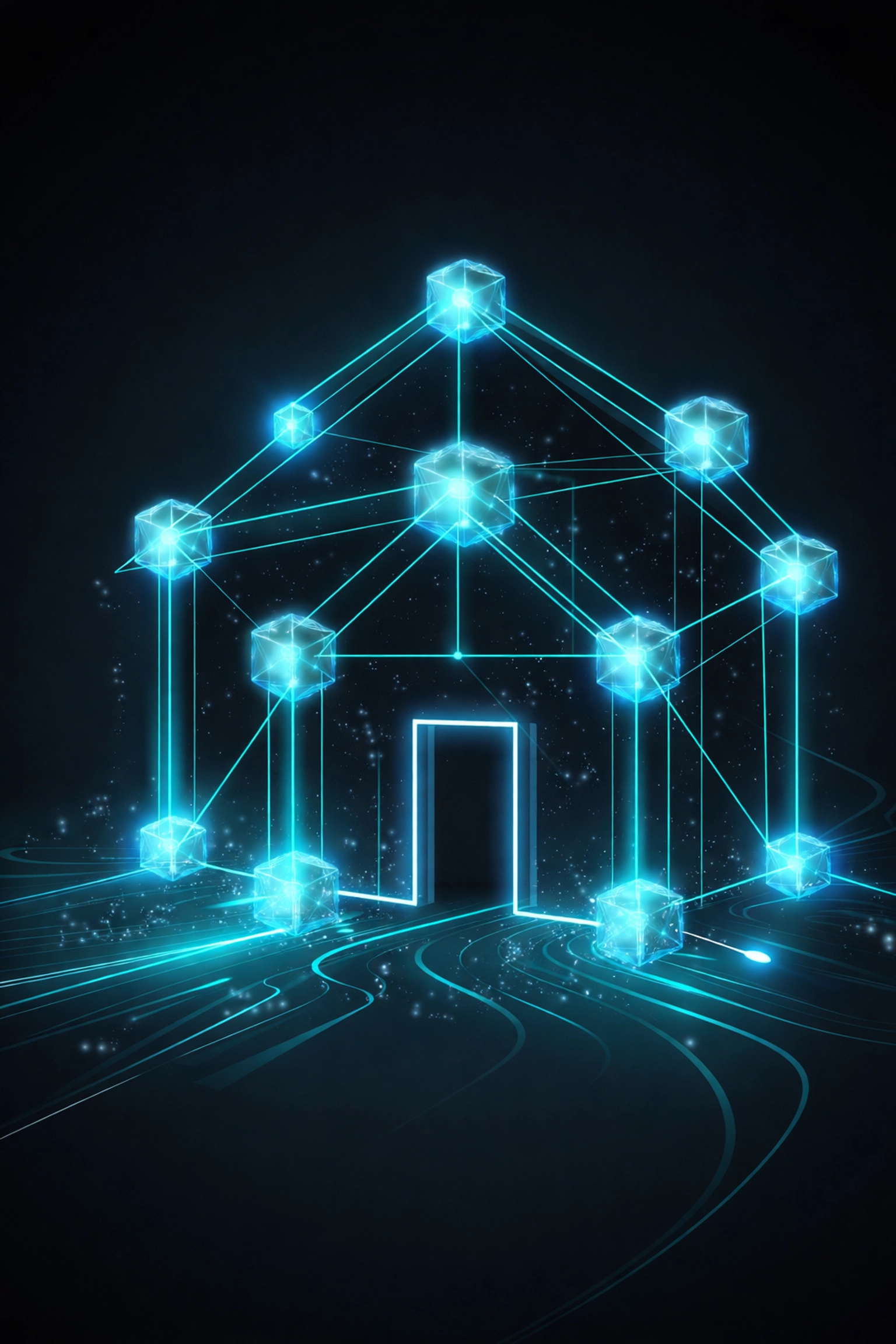 Digital illustration of blockchain technology integrated with real estate, highlighting tokenized property assets