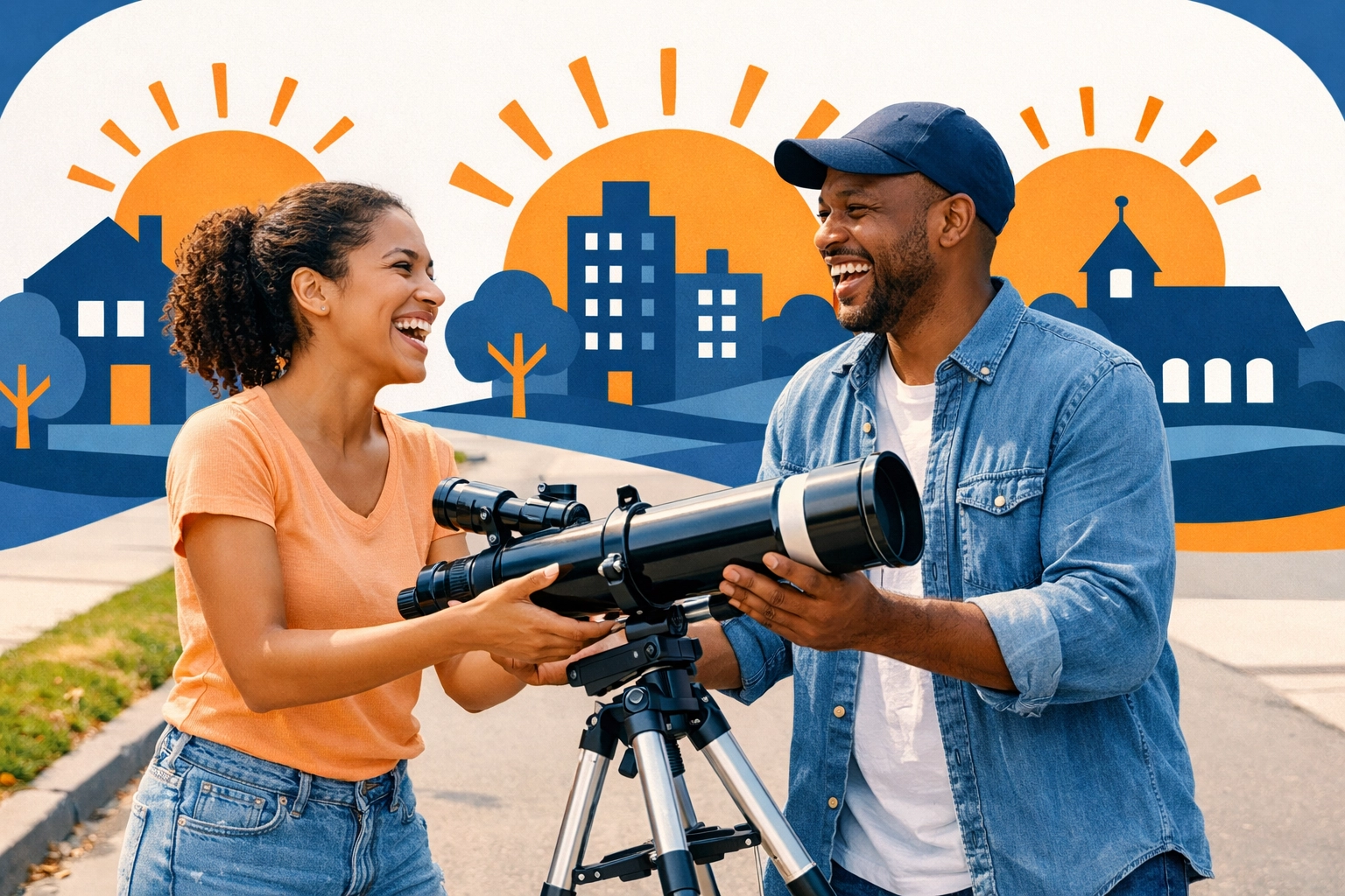 Neighbors connecting while sharing a telescope through a local peer-to-peer rental community.