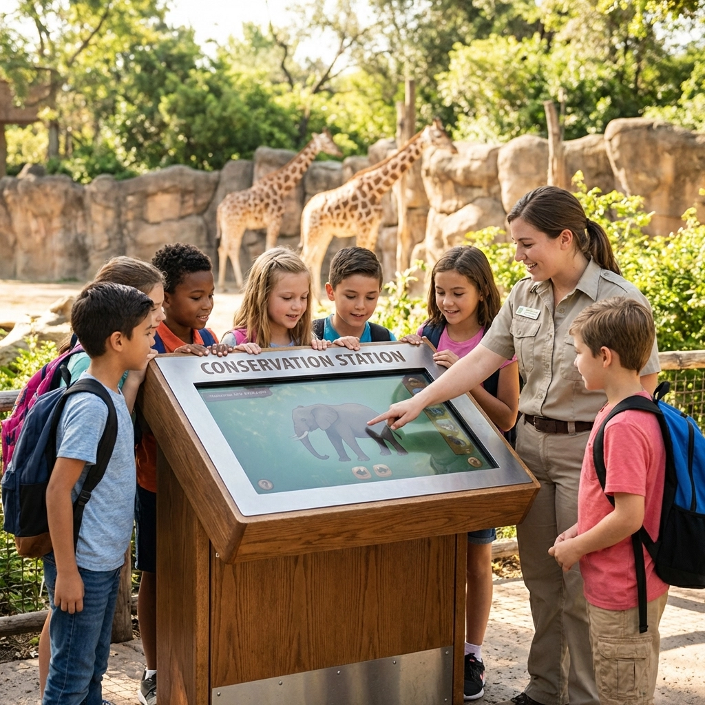 Elementary students explore an interactive kiosk with a zookeeper at the zoo, learning about animals and conservation.