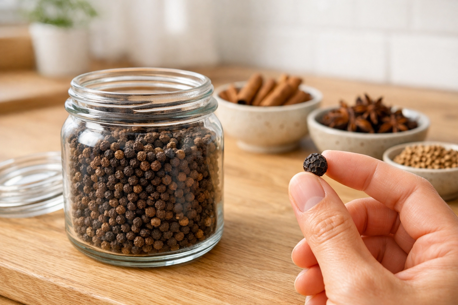 Inspecting premium whole black peppercorns for quality and size.