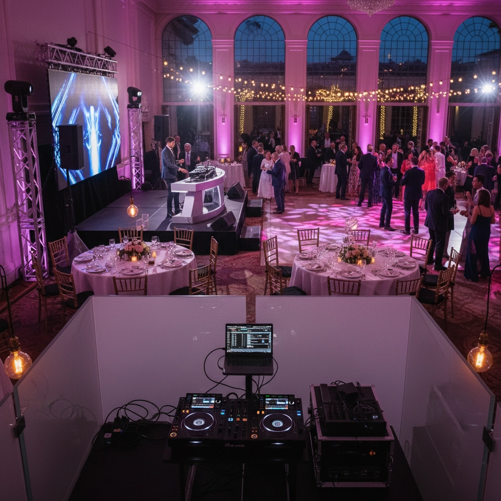 Elegant indoor event with people dancing under string lights. DJ booth in the foreground, tables set with gold chairs, pink lighting.