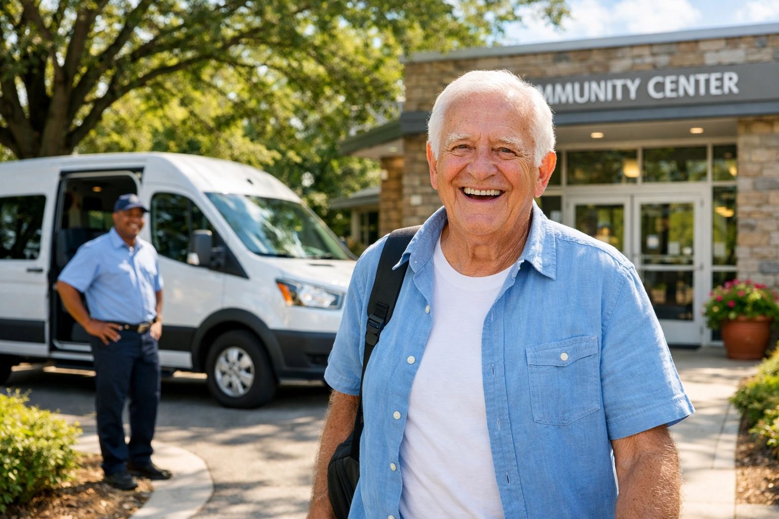 Senior man arriving at a community event using reliable medical transportation in Raleigh to stay connected.