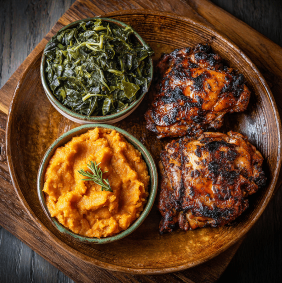 Grilled Chicken Thighs, Seasoned Collard Greens, and Mashed Sweet Potatoes Plate
