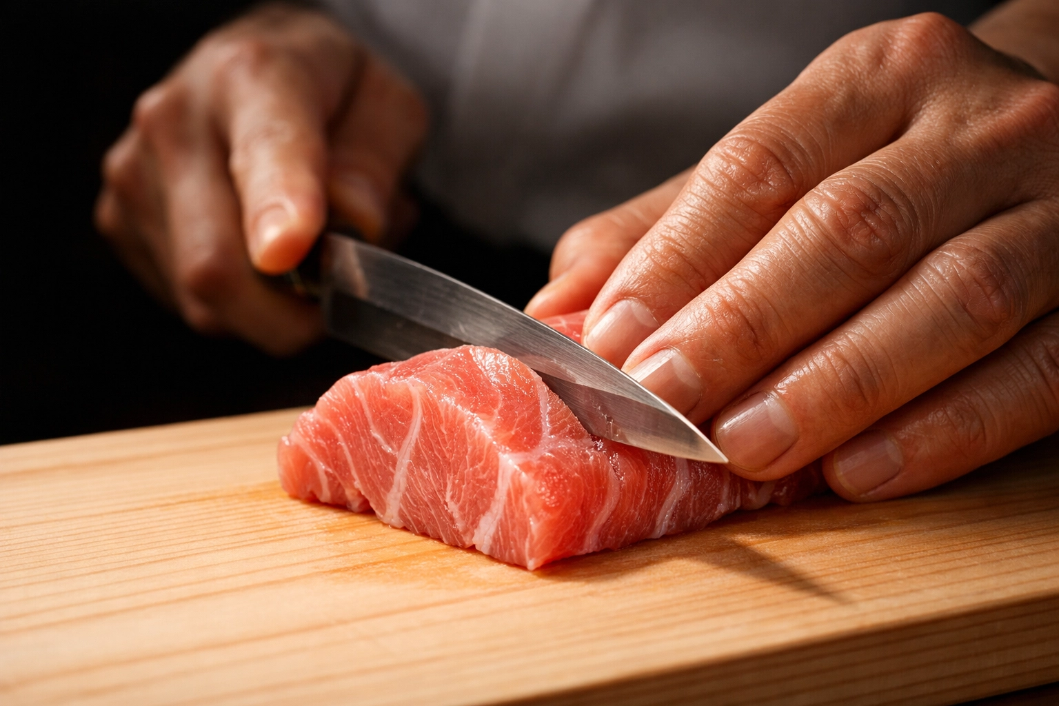 Close-up of a master sushi chef slicing fresh tuna at an upscale Ginza restaurant in Tokyo.