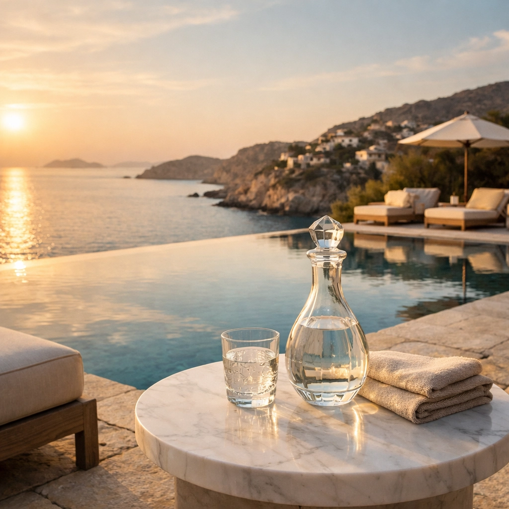 Impeccable quiet luxury service by an infinity pool, representing elite hospitality management.