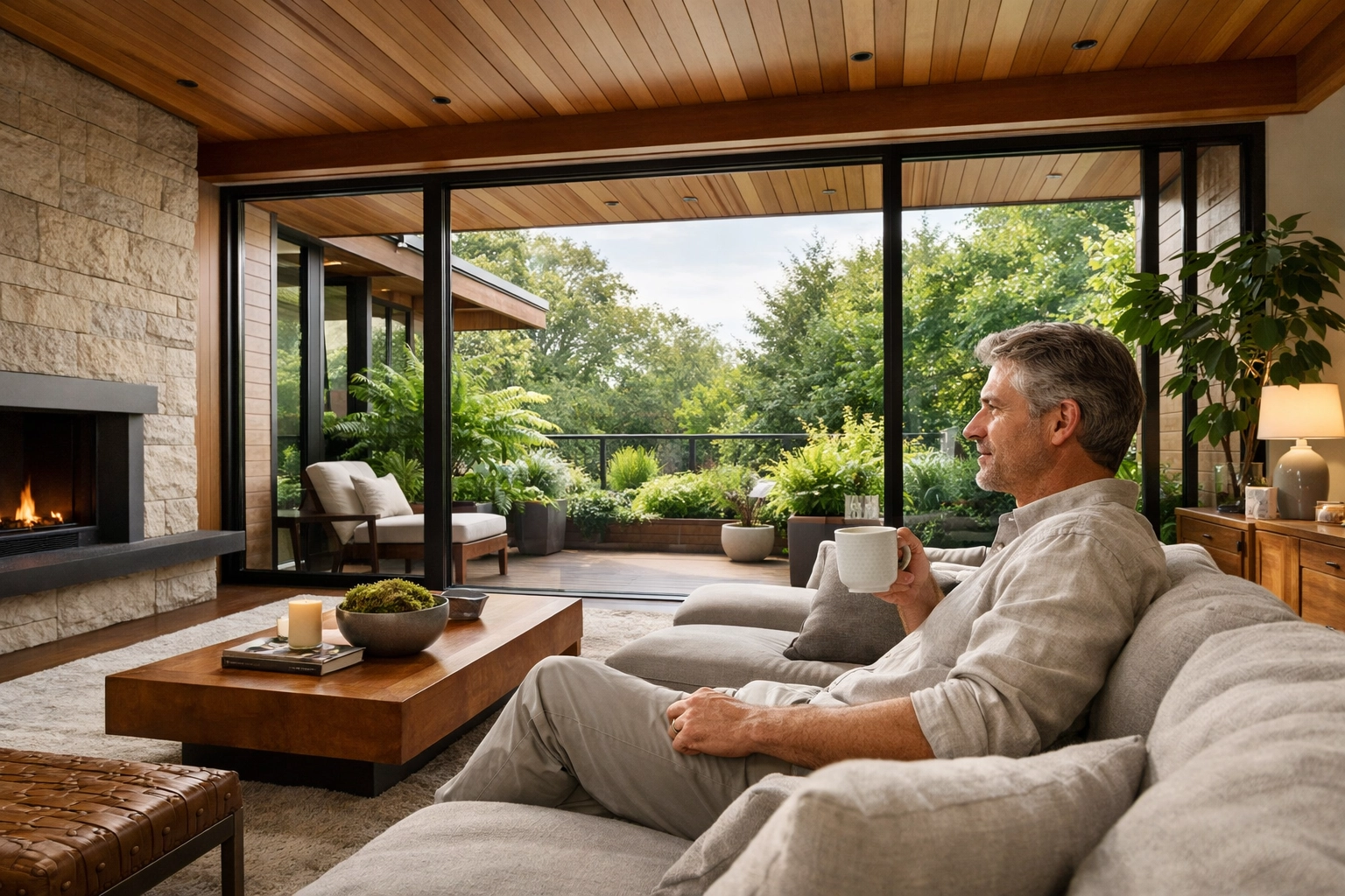 Relaxed property owner enjoying hands-off vacation rental management in a modern Vancouver home.