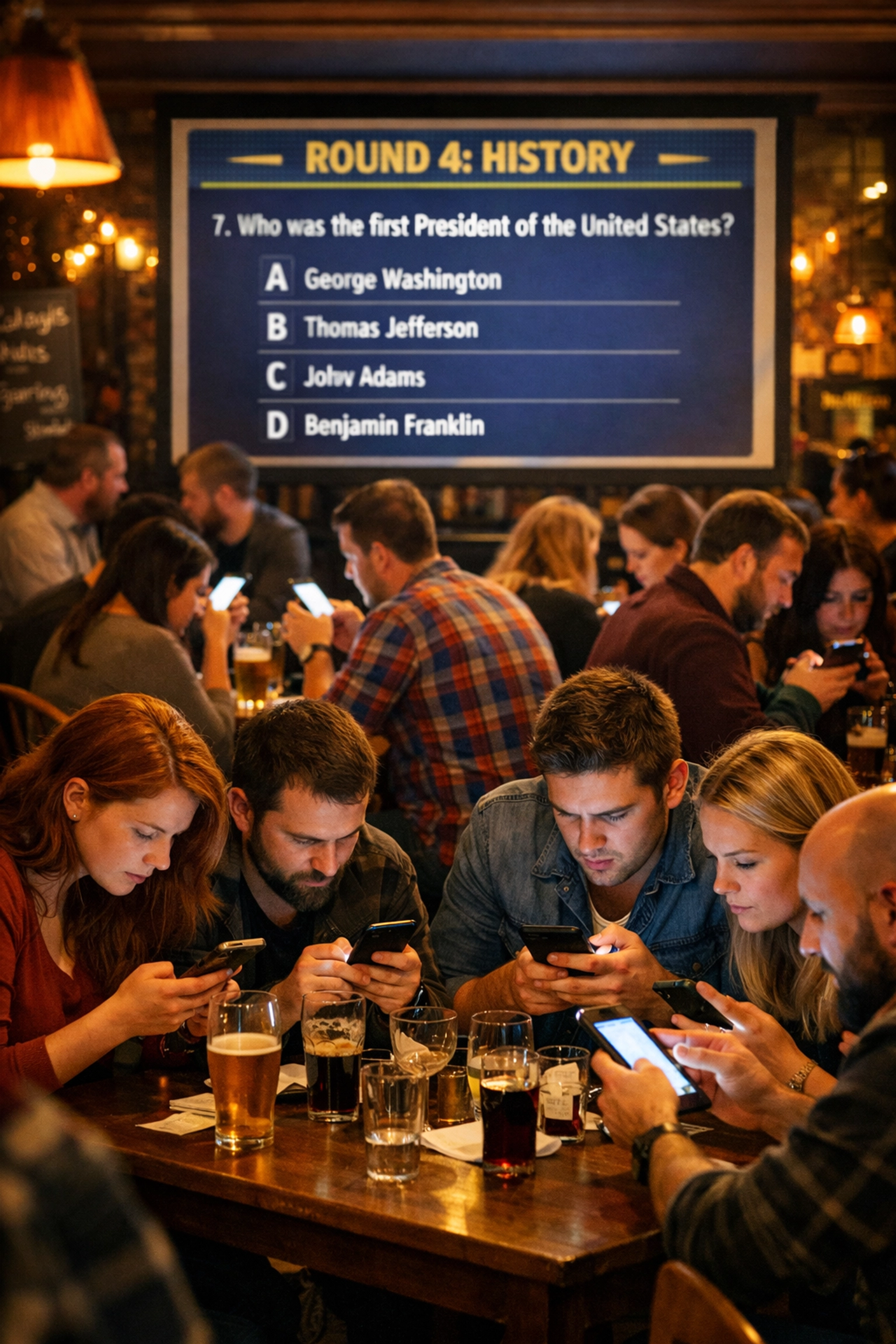 Busy pub quiz night with customers using smartphones to answer questions