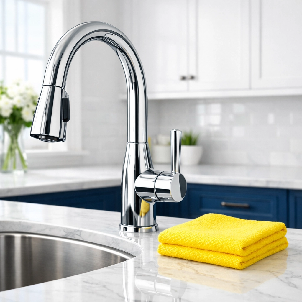 Sparkling clean chrome faucet next to a yellow microfiber cloth to prevent future water spot buildup.
