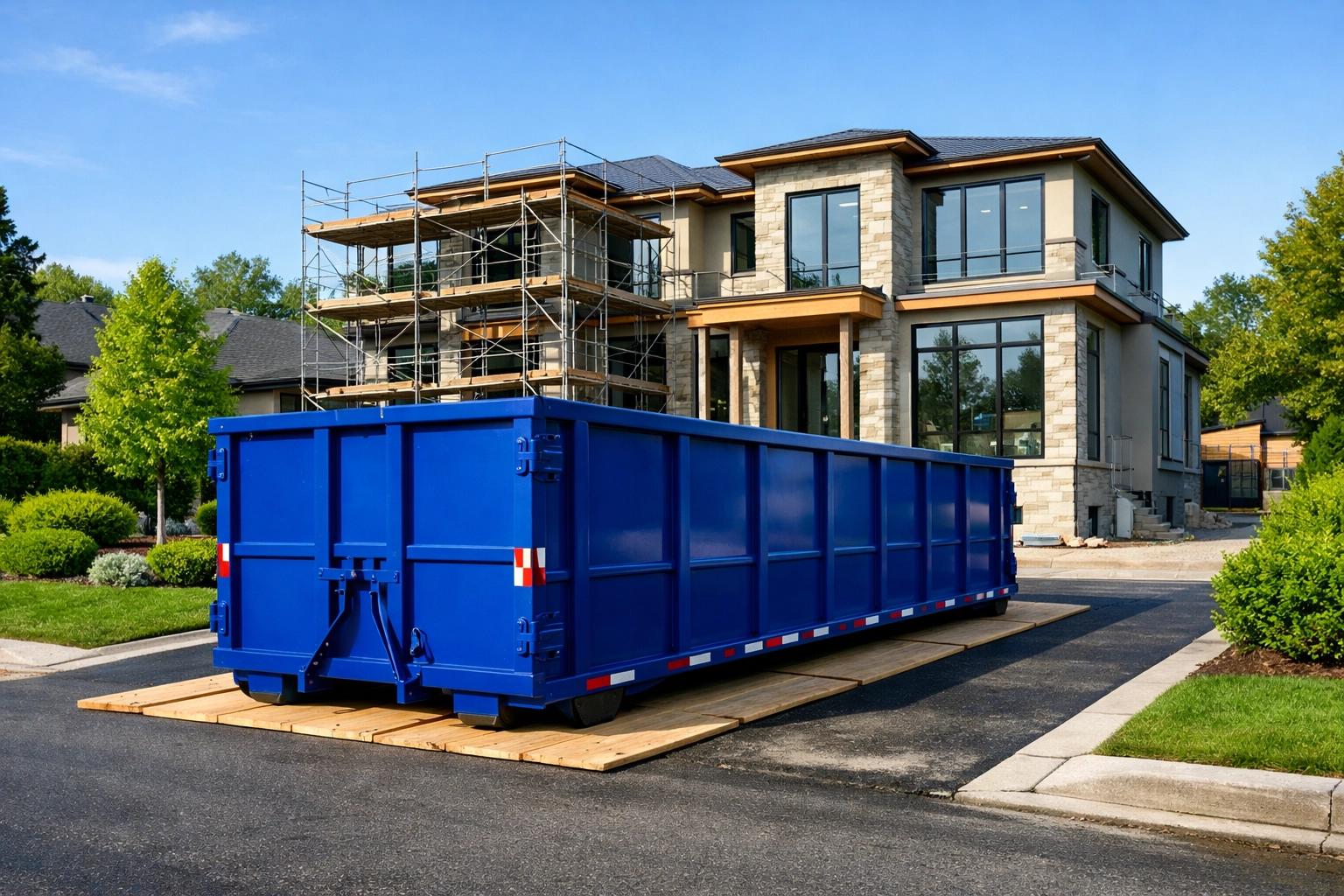 Construction Waste Disposal North York: Big Projects Blue dumpster rental for construction waste disposal at a North York building site.