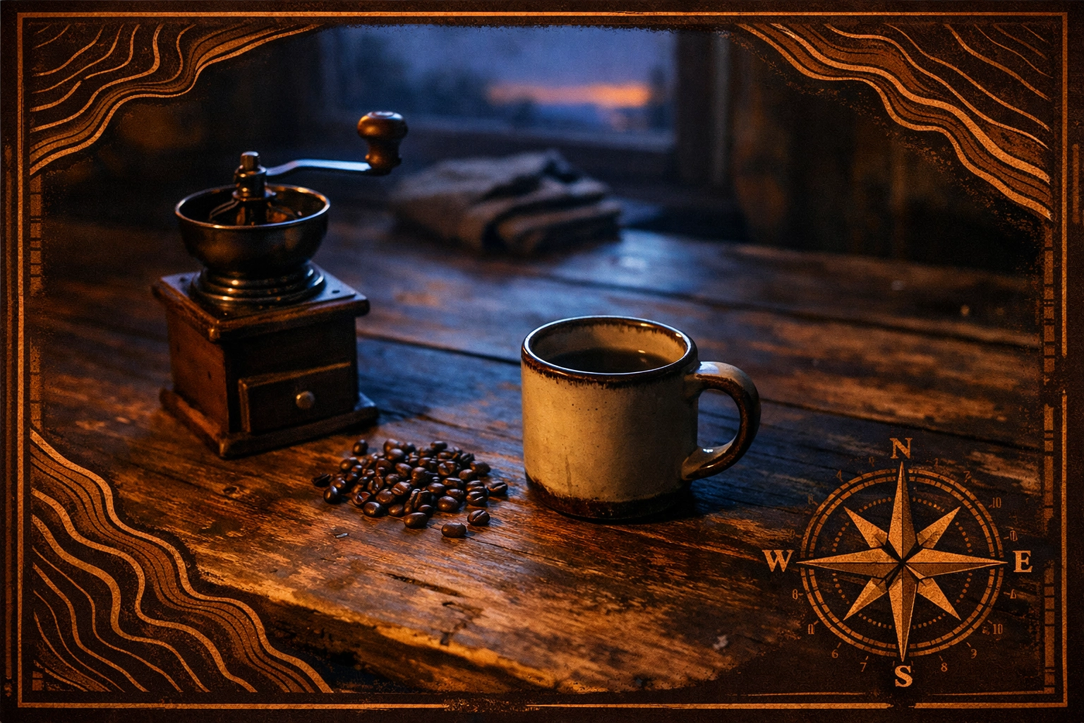 Fresh ground coffee beans and a manual grinder set up for a disciplined summer morning PT routine.