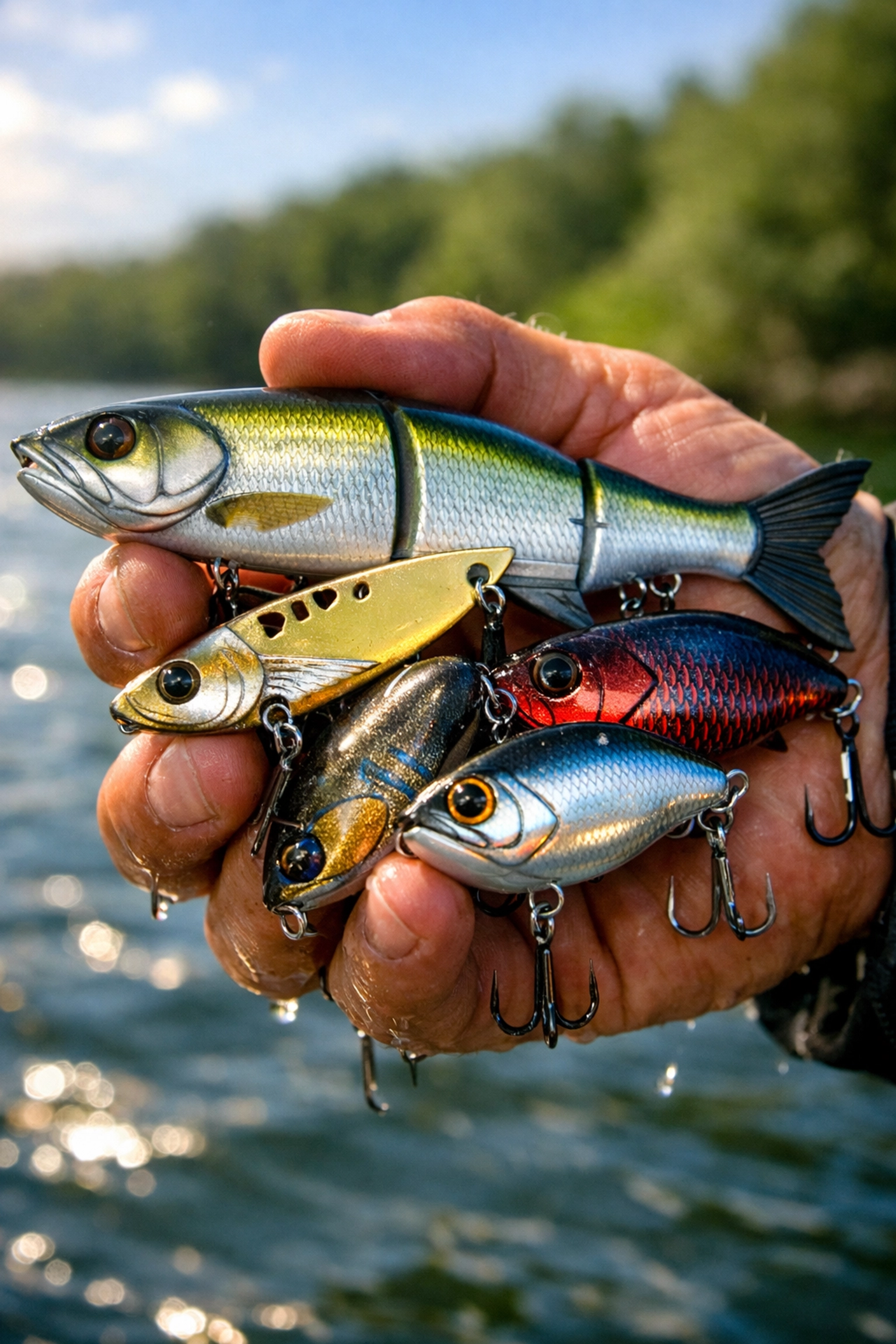 Collection of modern hard baits and bass fishing lures held by angler near lake
