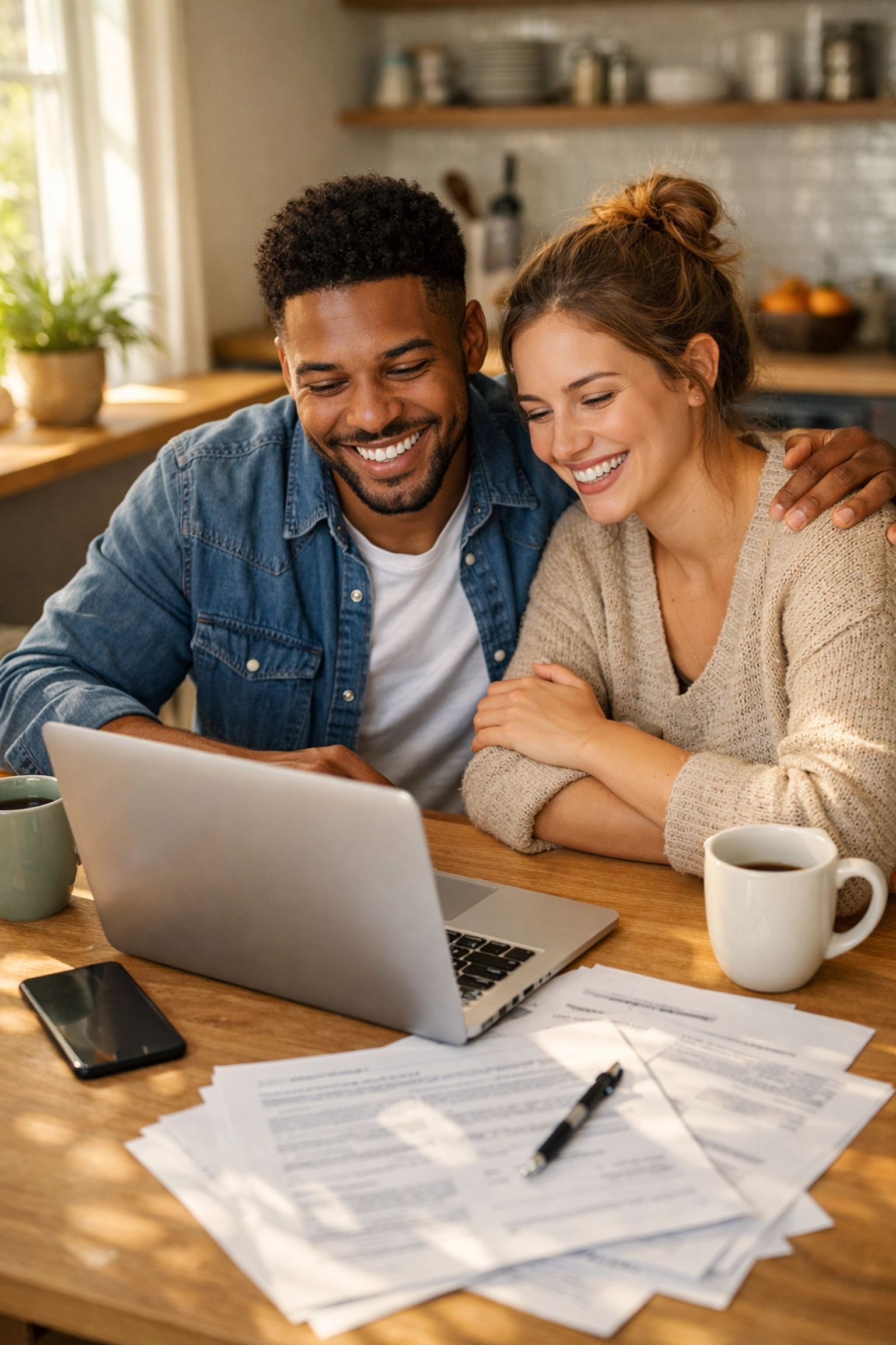 Couple reviewing DFW apartment lease documents and move-in specials on laptop at home