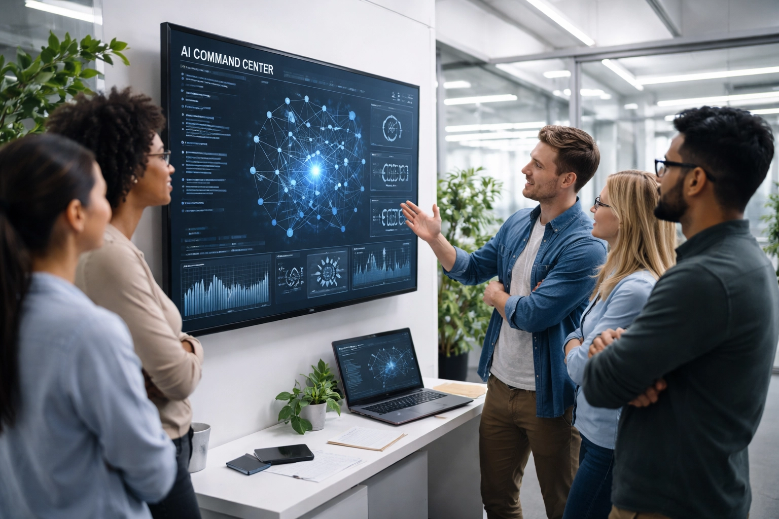IT professionals analyzing ServiceNow AI Control Tower metrics on a digital display in a modern office