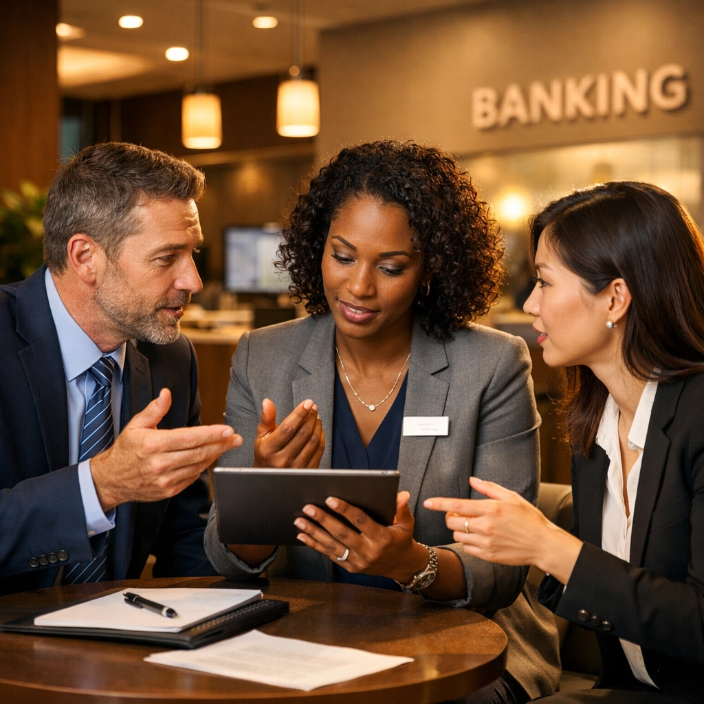 Banking team using technology to collaborate on human-centered service solutions in a modern branch.