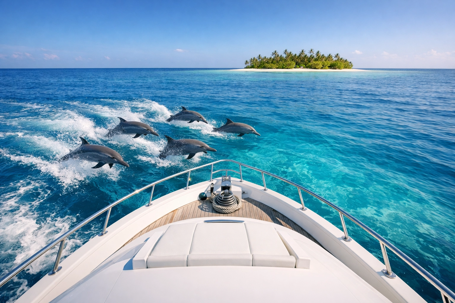 Dolphins jumping in the wake of a luxury liveaboard scuba diving vessel near a remote tropical atoll.