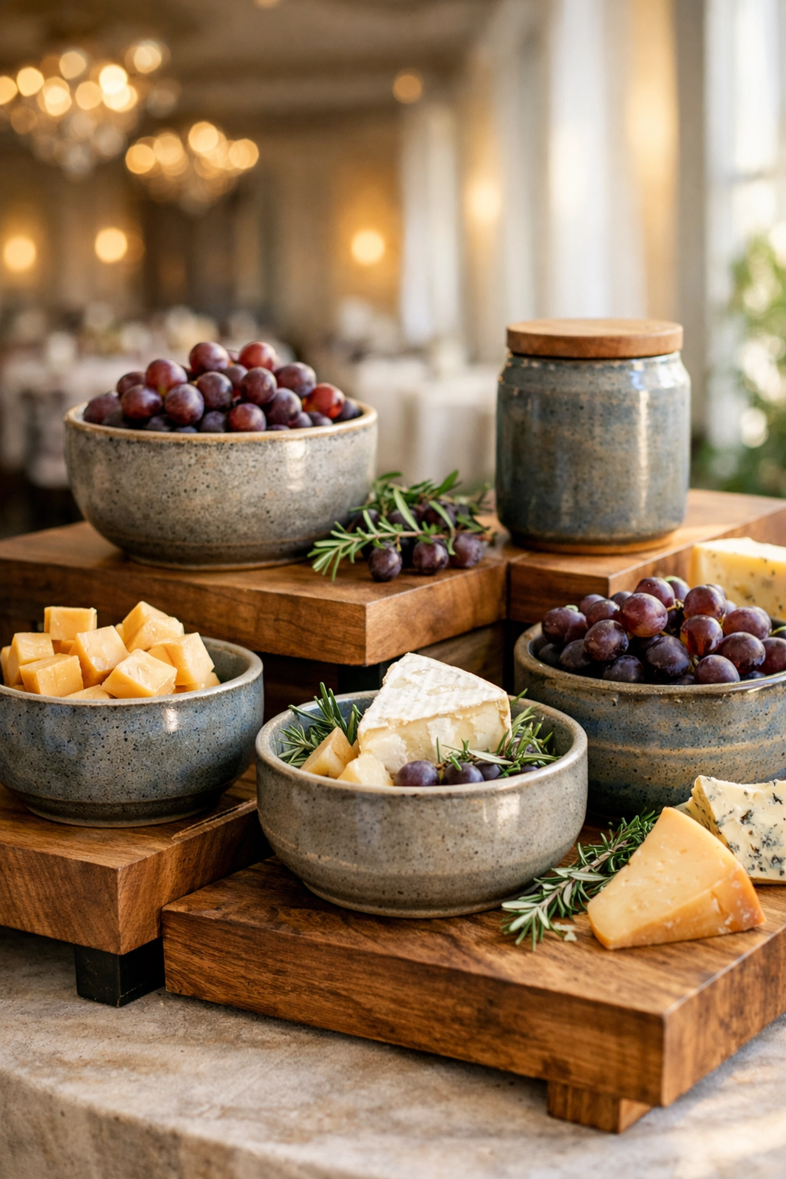 High-end catering setup featuring tiered risers and handmade ceramic bowls for a sophisticated wedding grazing table.