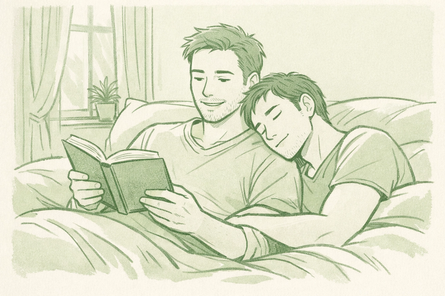 Gay couple reading gay fiction together in safe domestic space finding comfort through literature