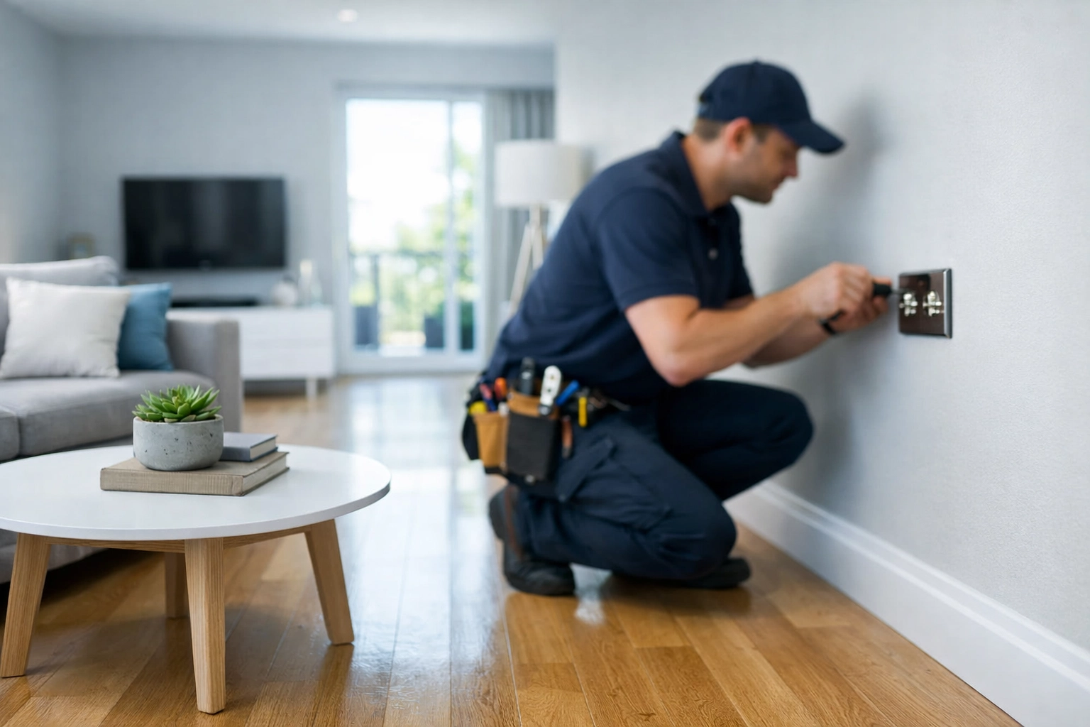 Dorset electrician conducting an electrical safety check on wall sockets in a residential living room.