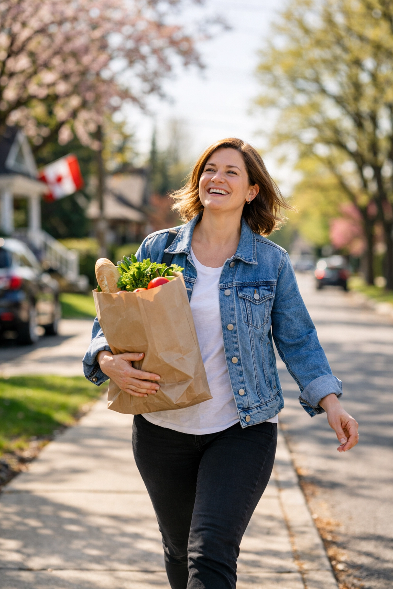 A person walking happily with groceries after getting a payday loan with no credit check.