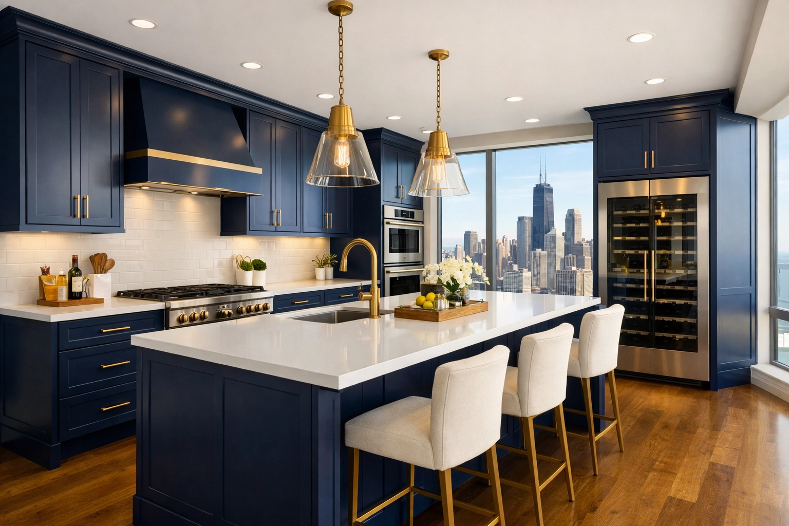 Luxury kitchen with navy blue cabinets updated by professional spray finish cabinet painters in Chicago.