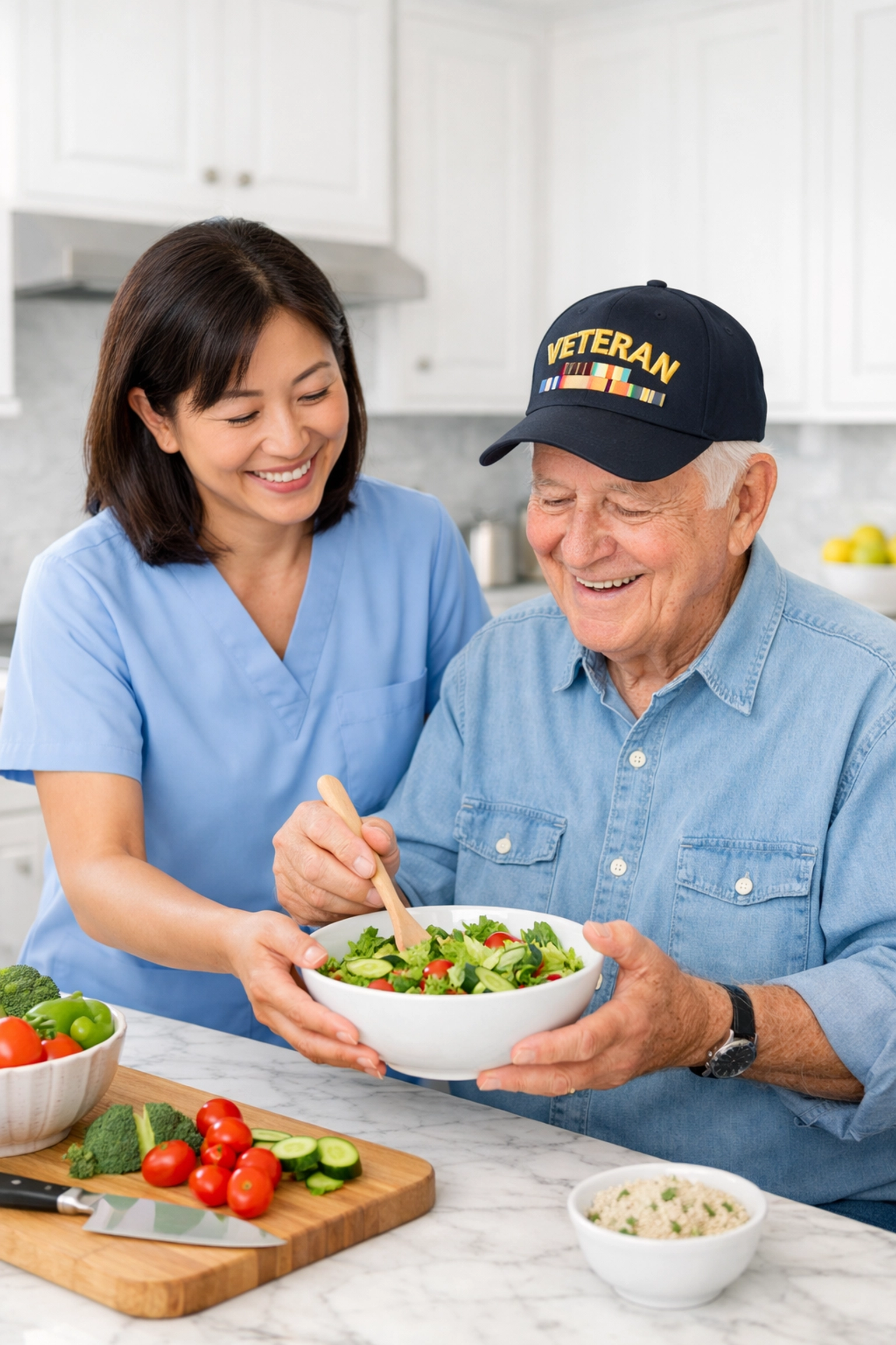 Professional caregiver helping a senior veteran in the kitchen, offering home care in Northern Virginia.