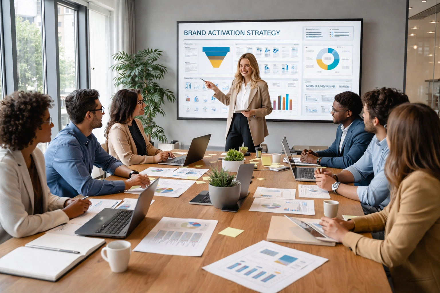 Marketing team collaborating on live event brand activation strategy in a modern conference room