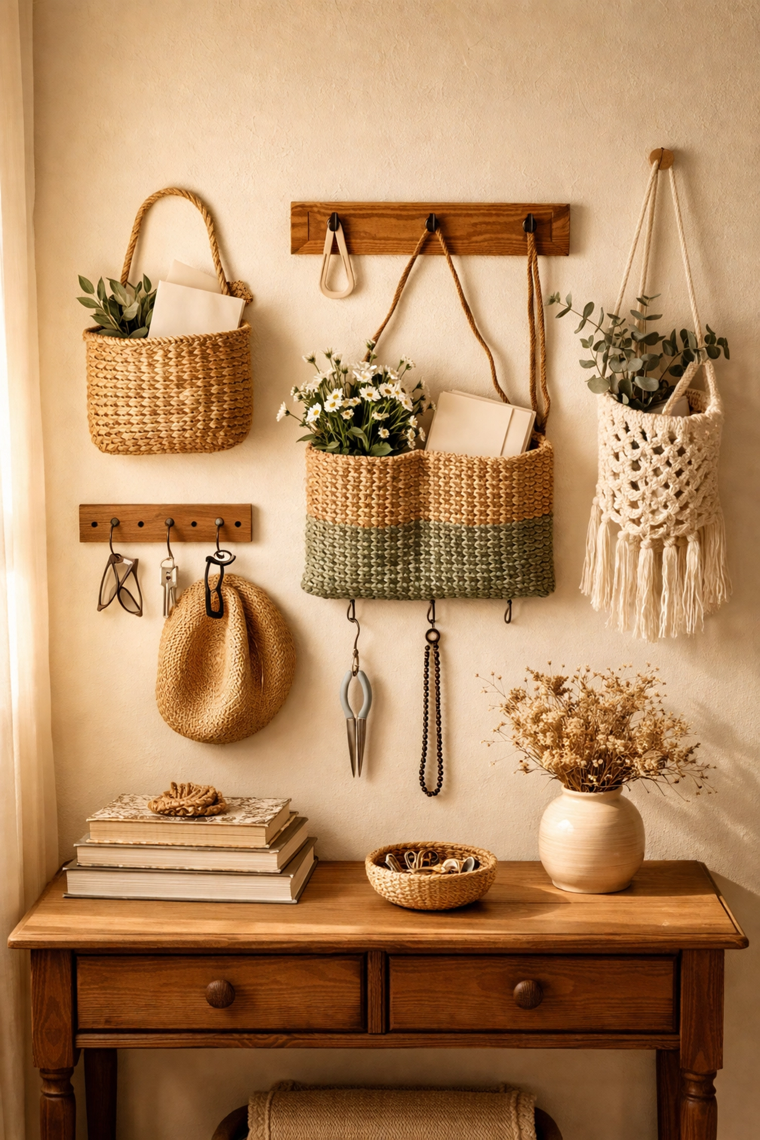 Rustic entryway with wall-mounted woven organizers, macramé storage, and vintage wooden console for practical handcrafted home organization.