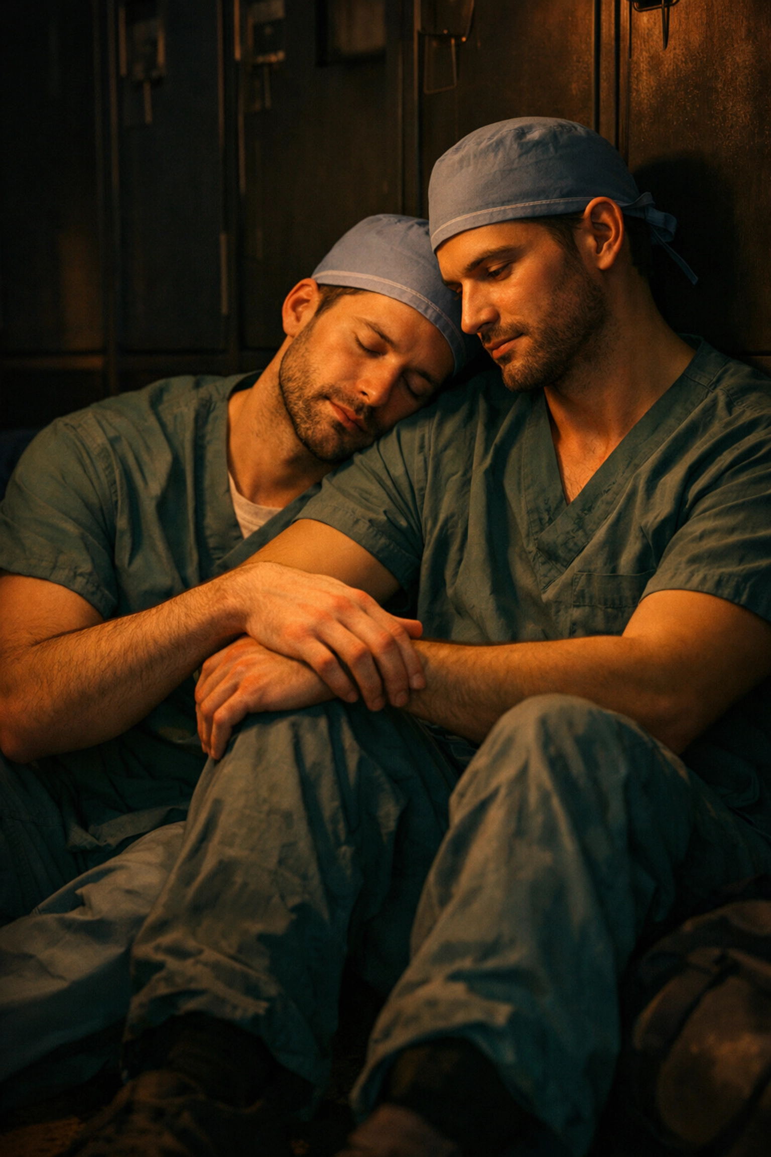 Exhausted male surgeons share an intimate, supportive moment after a long shift in a contemporary gay romance novel.