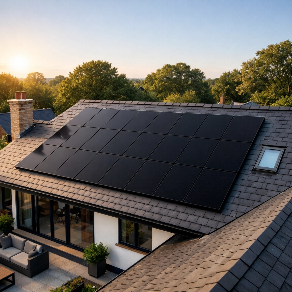 Modern all-black solar panels installed on a slate-tiled roof for a residential home in Hampshire.