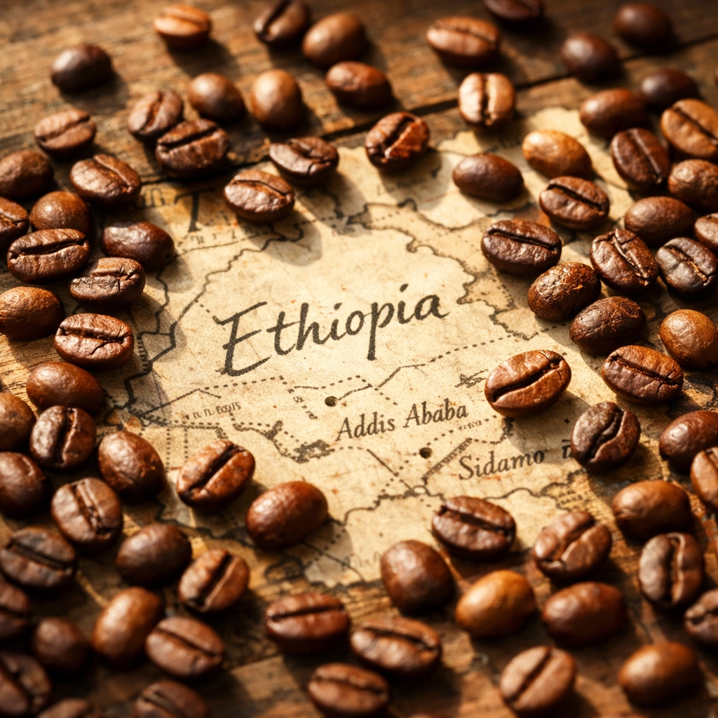 Ethiopian single origin coffee beans on wooden surface showing regional characteristics