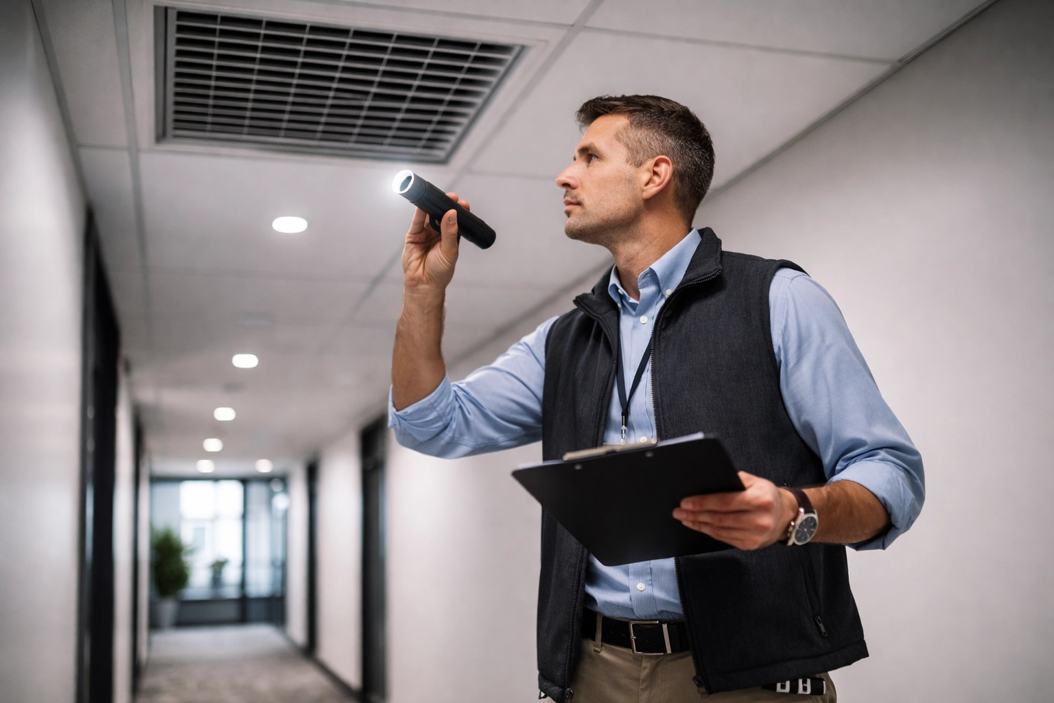 Facility manager inspecting office air vent to address indoor air quality complaints