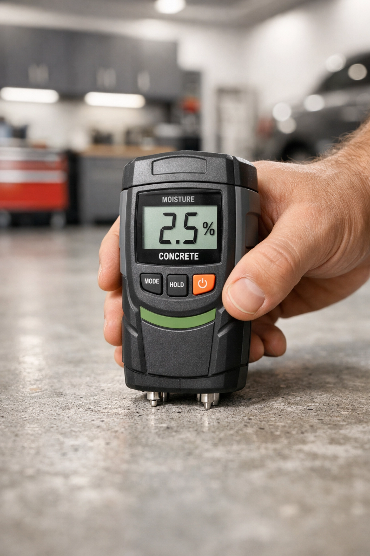 Digital moisture meter testing a concrete slab for professional garage floor installation.