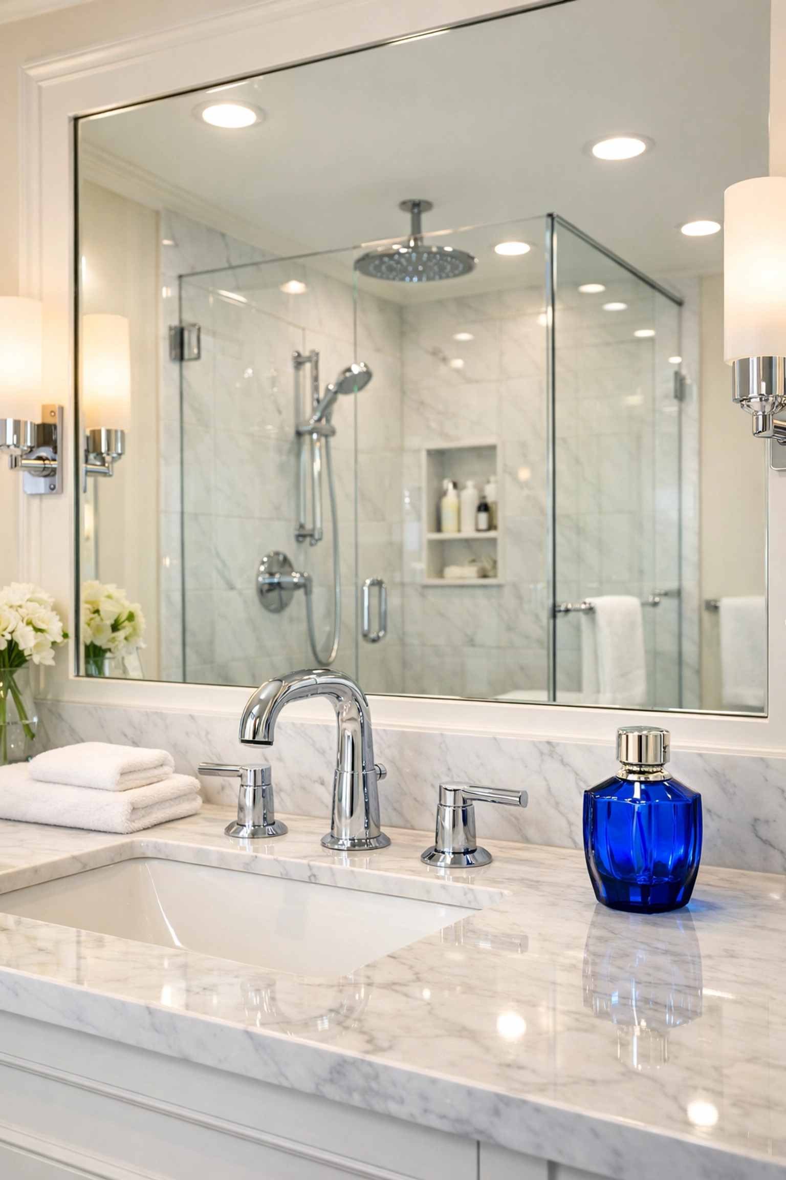 Spotless master bathroom with a streak-free mirror after deep cleaning Leominster MA apartment services.