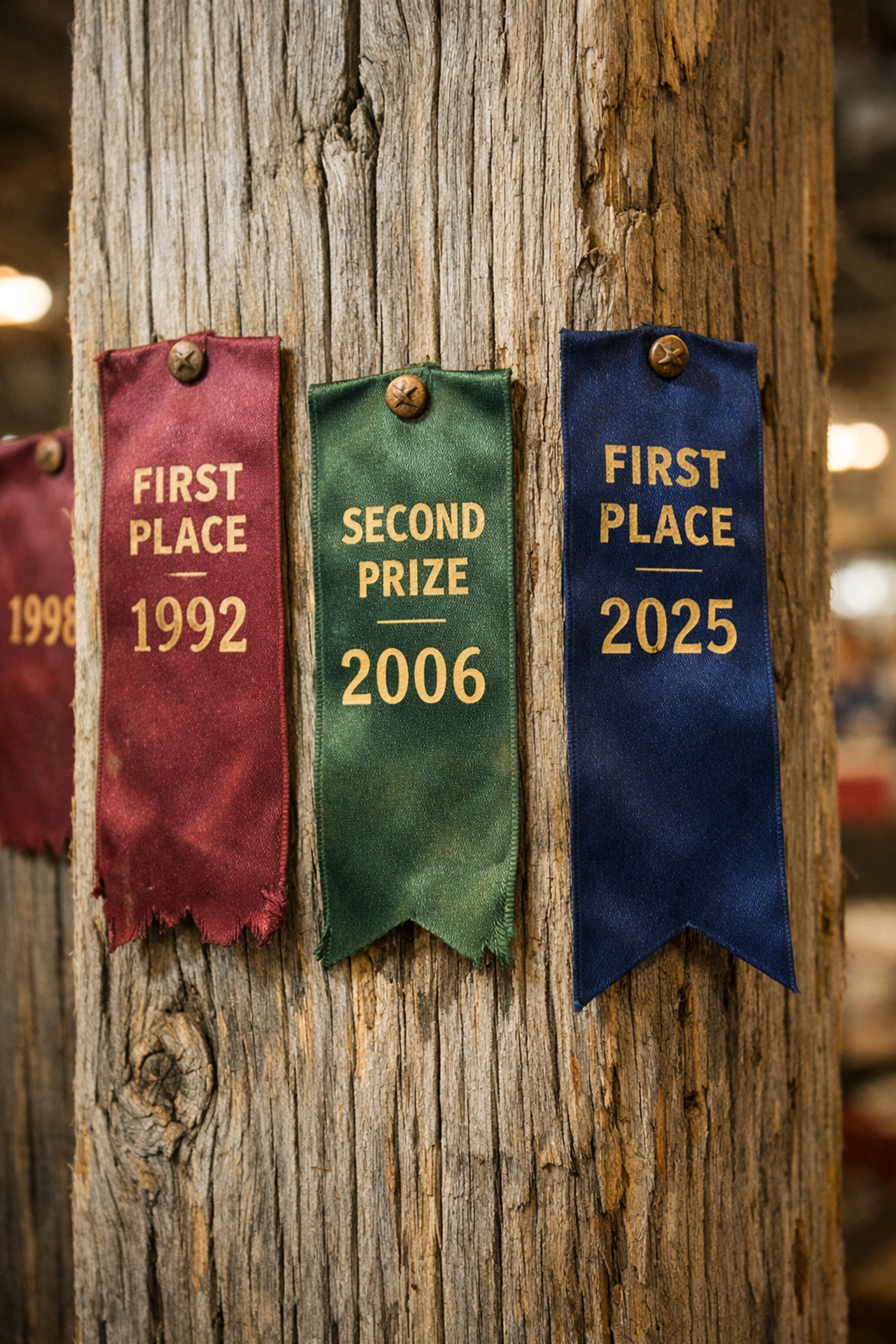 Vintage fair board member ribbons pinned to a weathered cedar post, representing decades of community legacy.