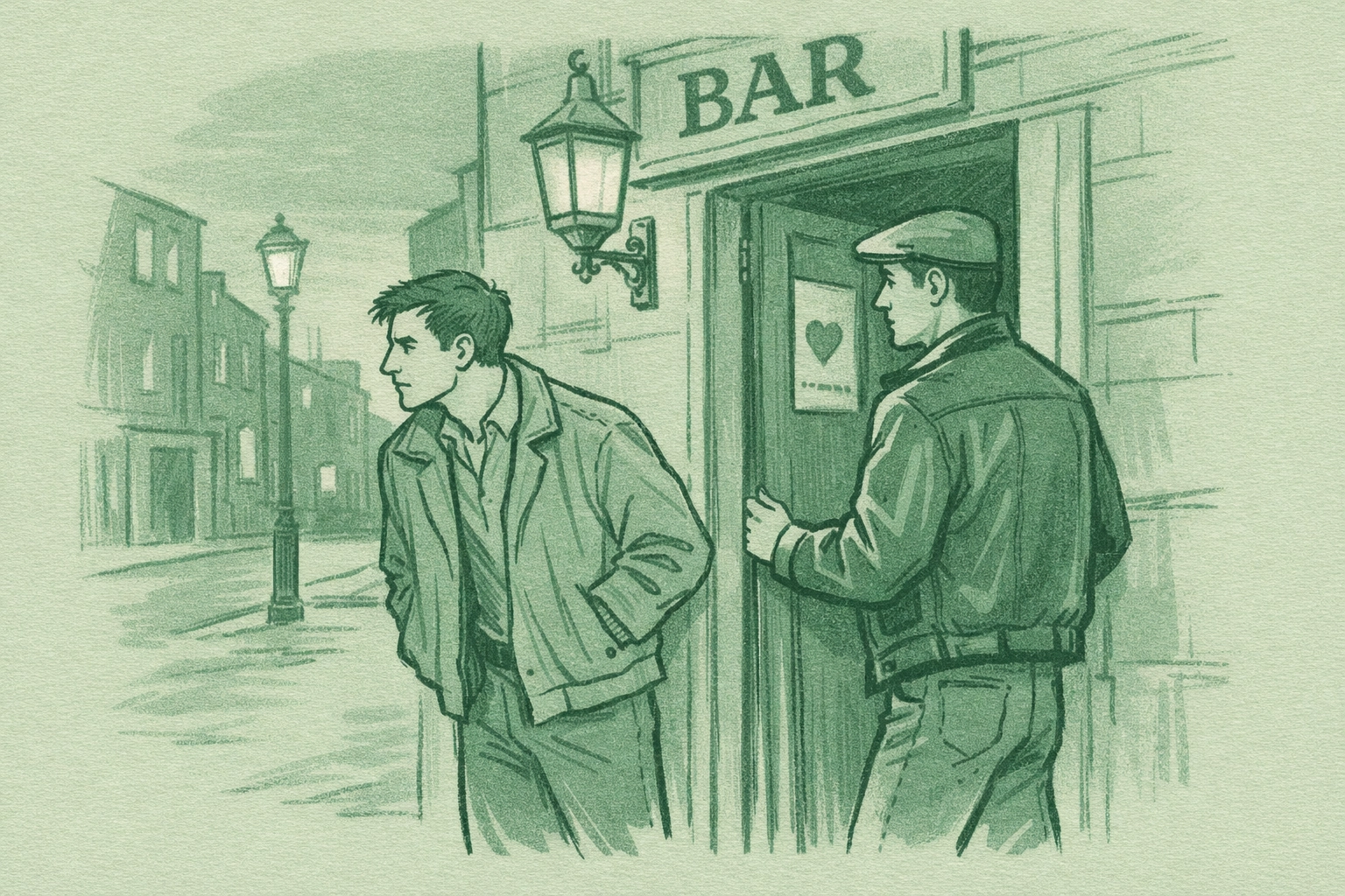 Two men cautiously entering Dublin gay bar in 1980s before decriminalization of homosexuality in Ireland