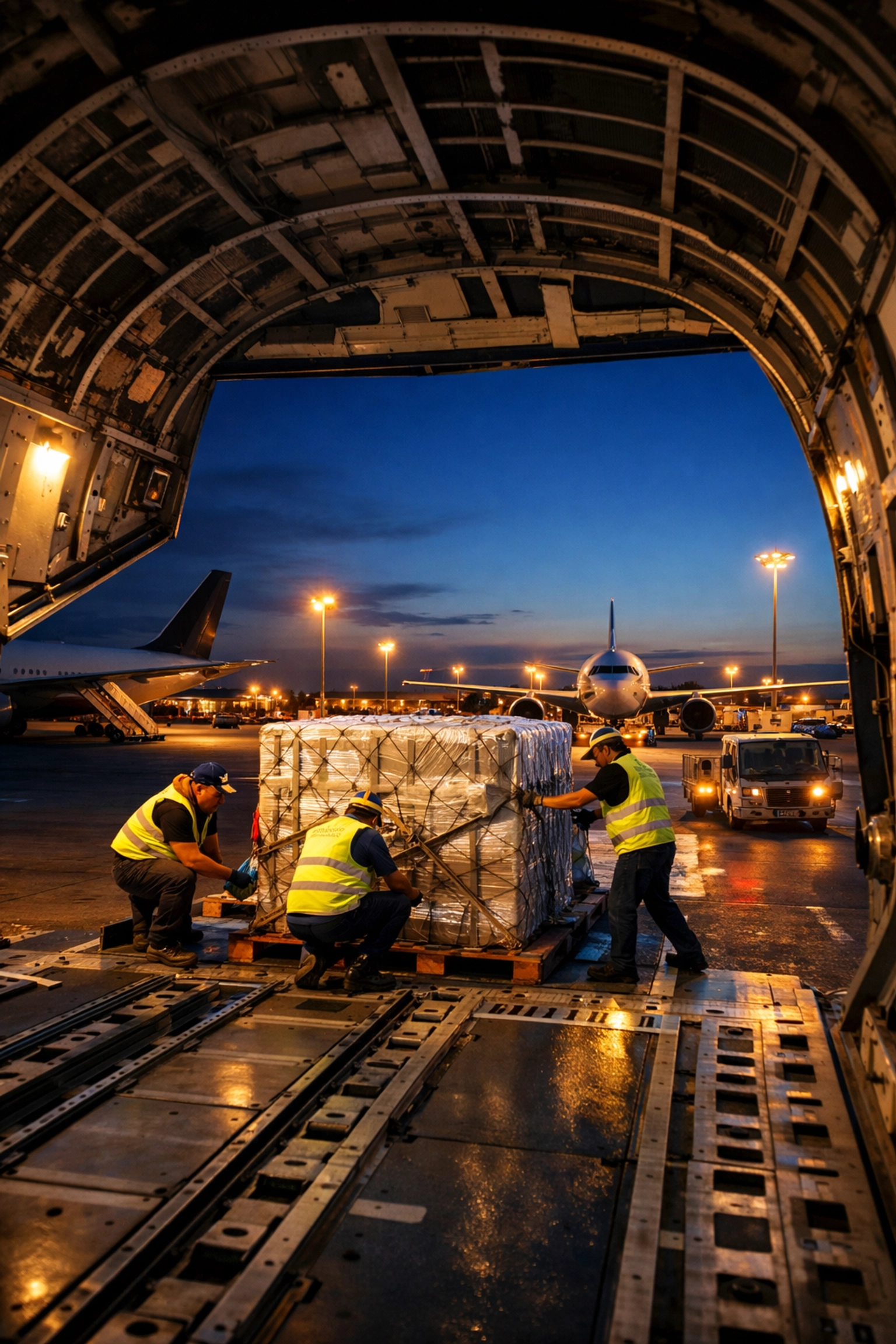 Air cargo loading operations with pallets being secured in freight aircraft