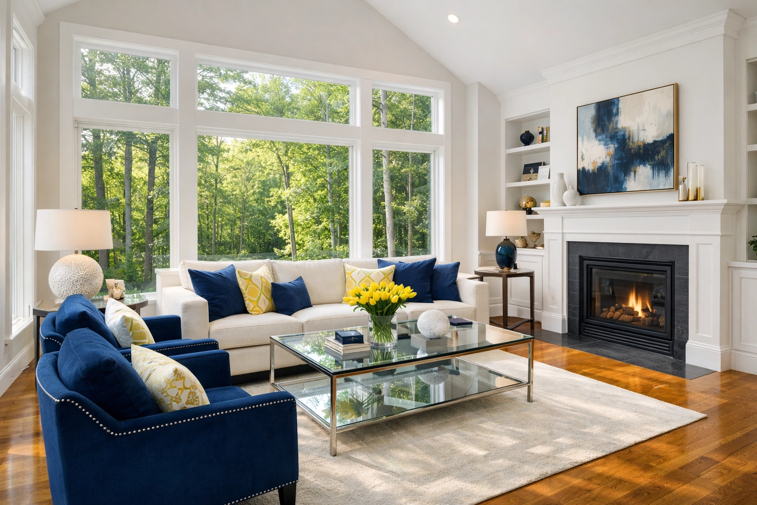 Pristine dust-free living room in a Tolland home with views of the Massachusetts forest.