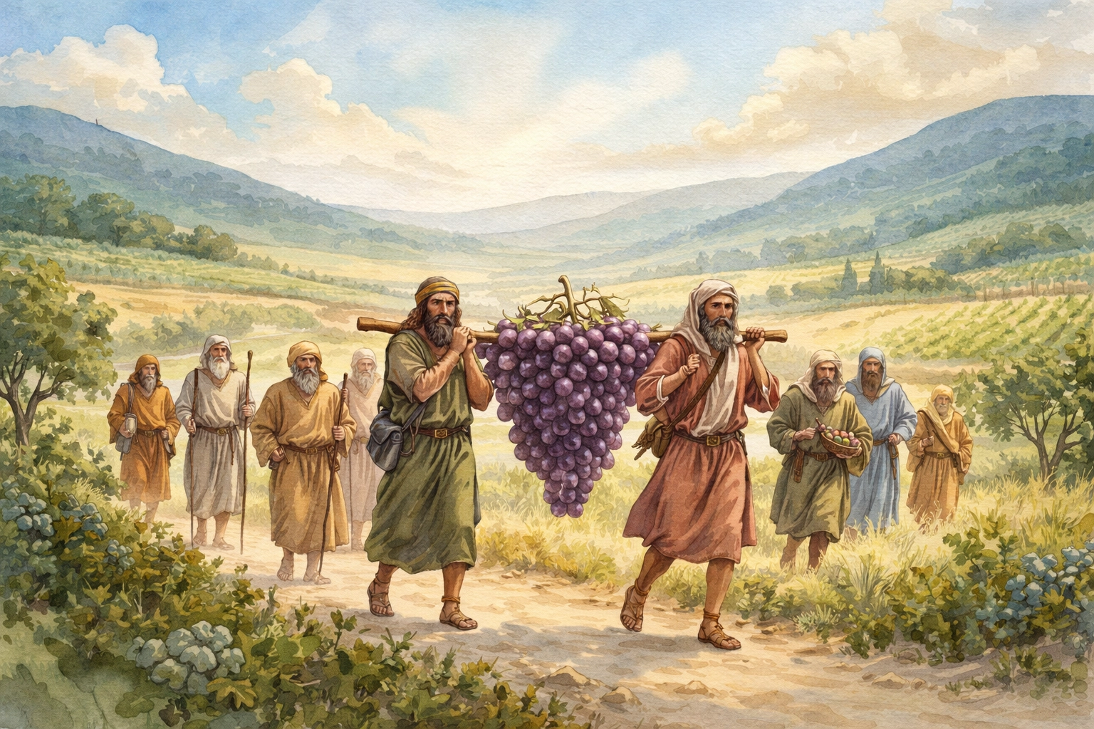 Twelve Israelite spies carry a large cluster of grapes through a fertile valley in Canaan, symbolizing God's promise and abundance.