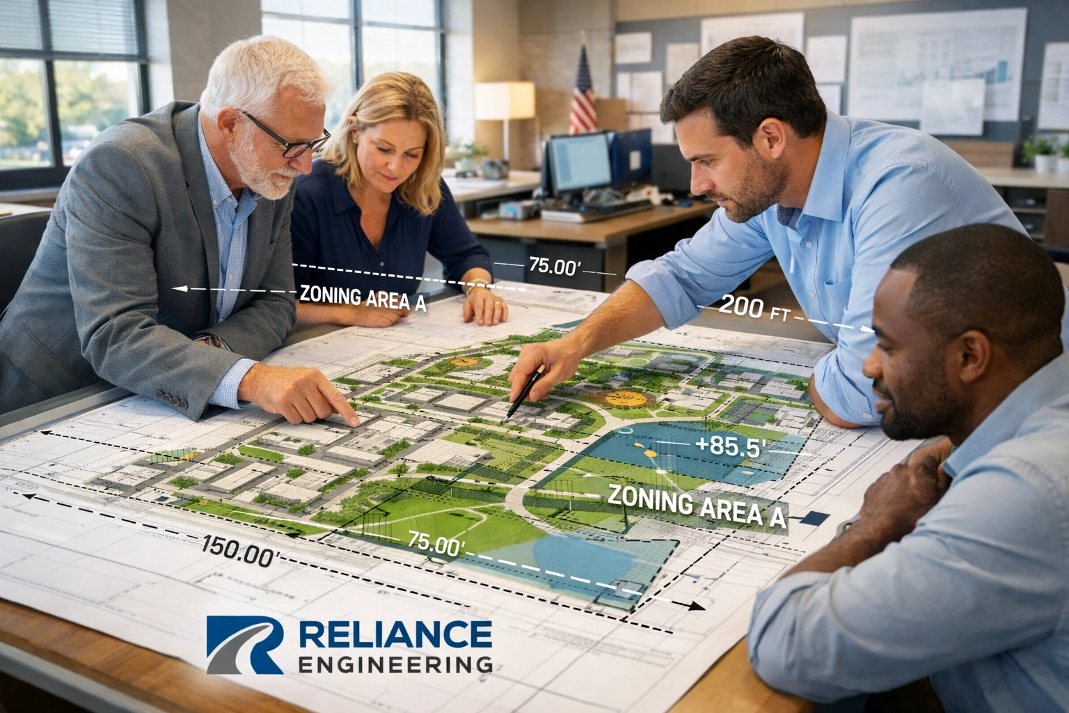 Professional engineers and consultants reviewing an Ontario site plan during a pre-consultation meeting.