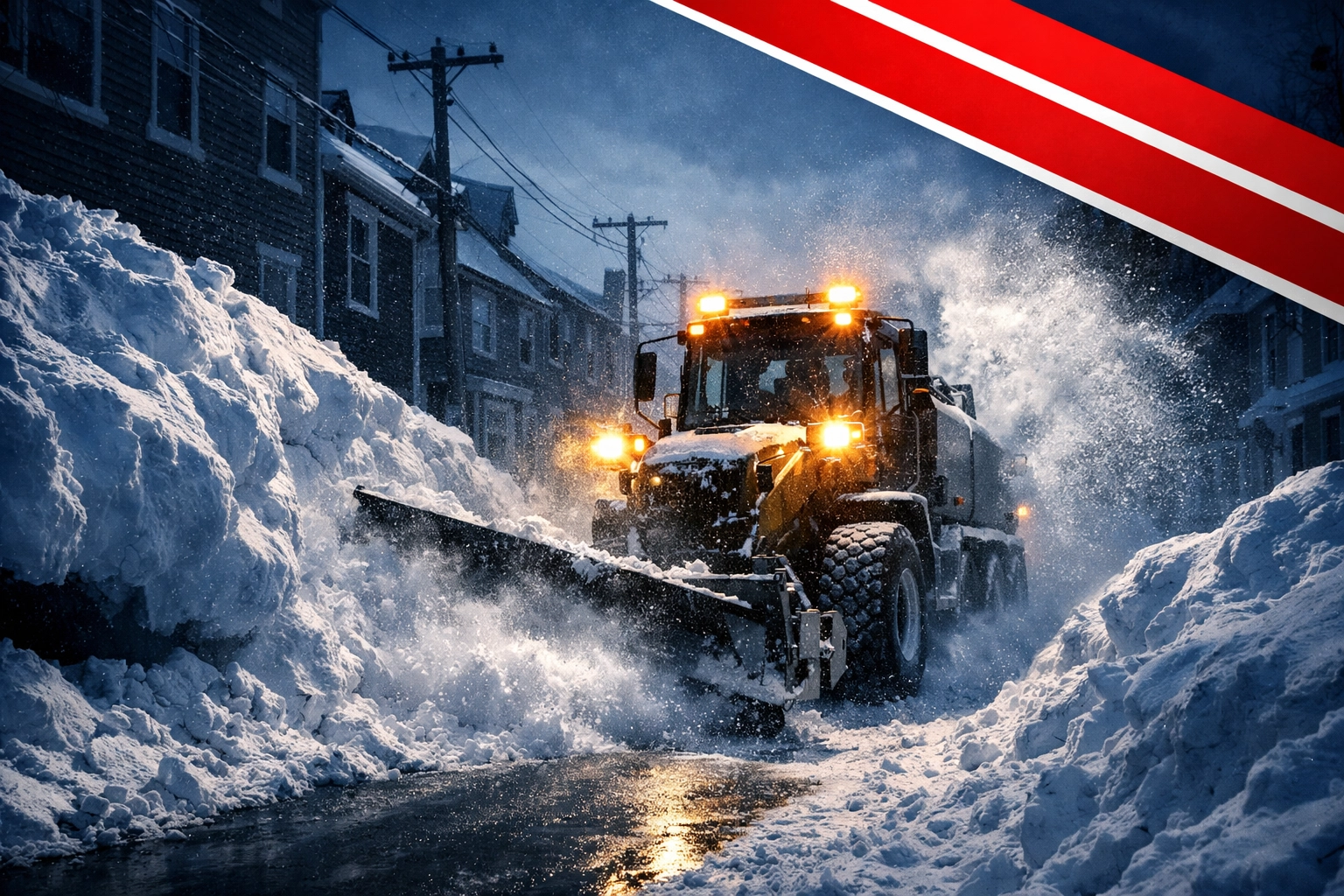 A snowplow clears a buried Halifax street at dawn during the 2026 Maritimes winter storm recovery.