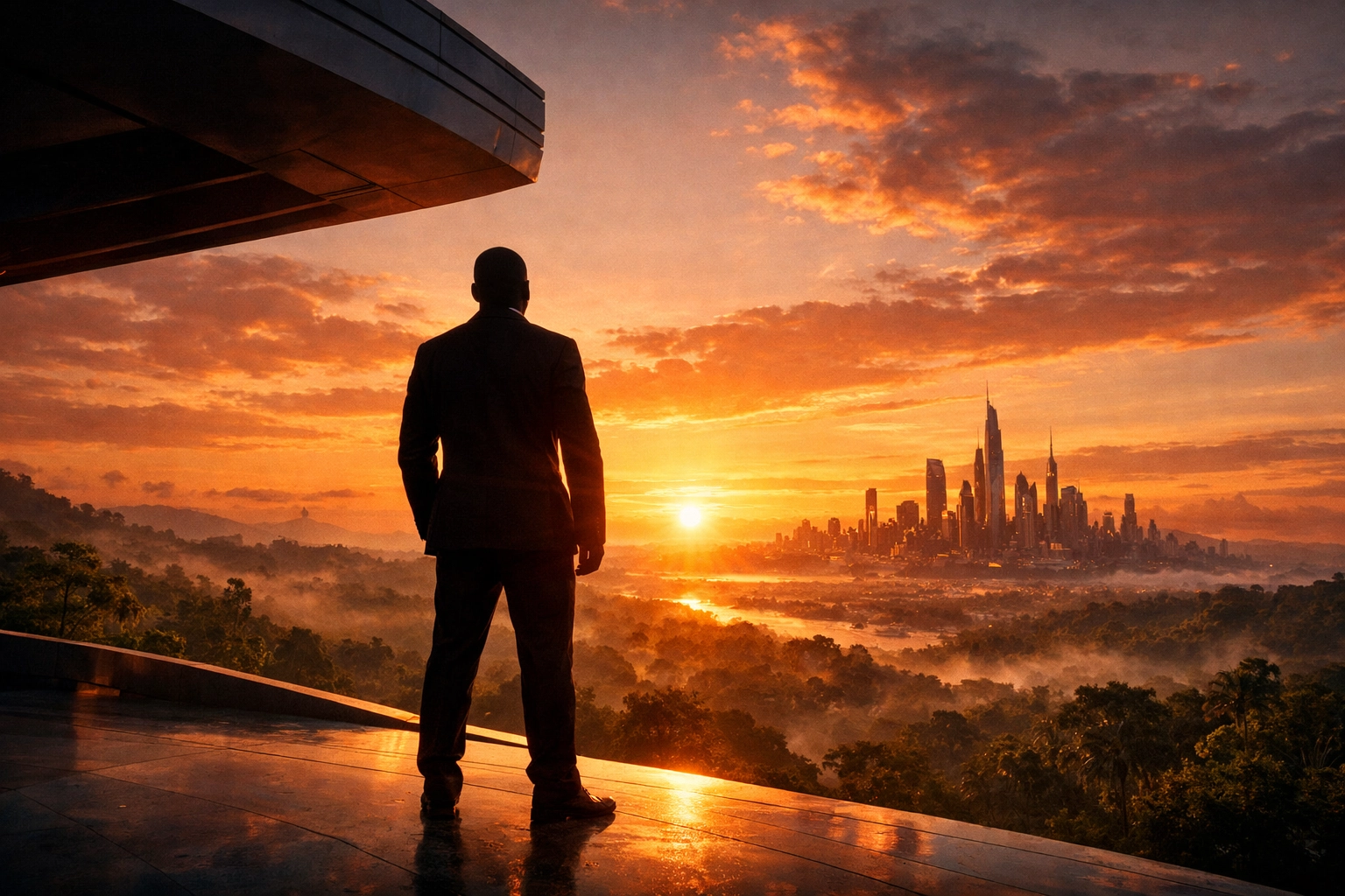 Visionary African leader looking over a futuristic horizon, symbolizing career survival after AI transformation.
