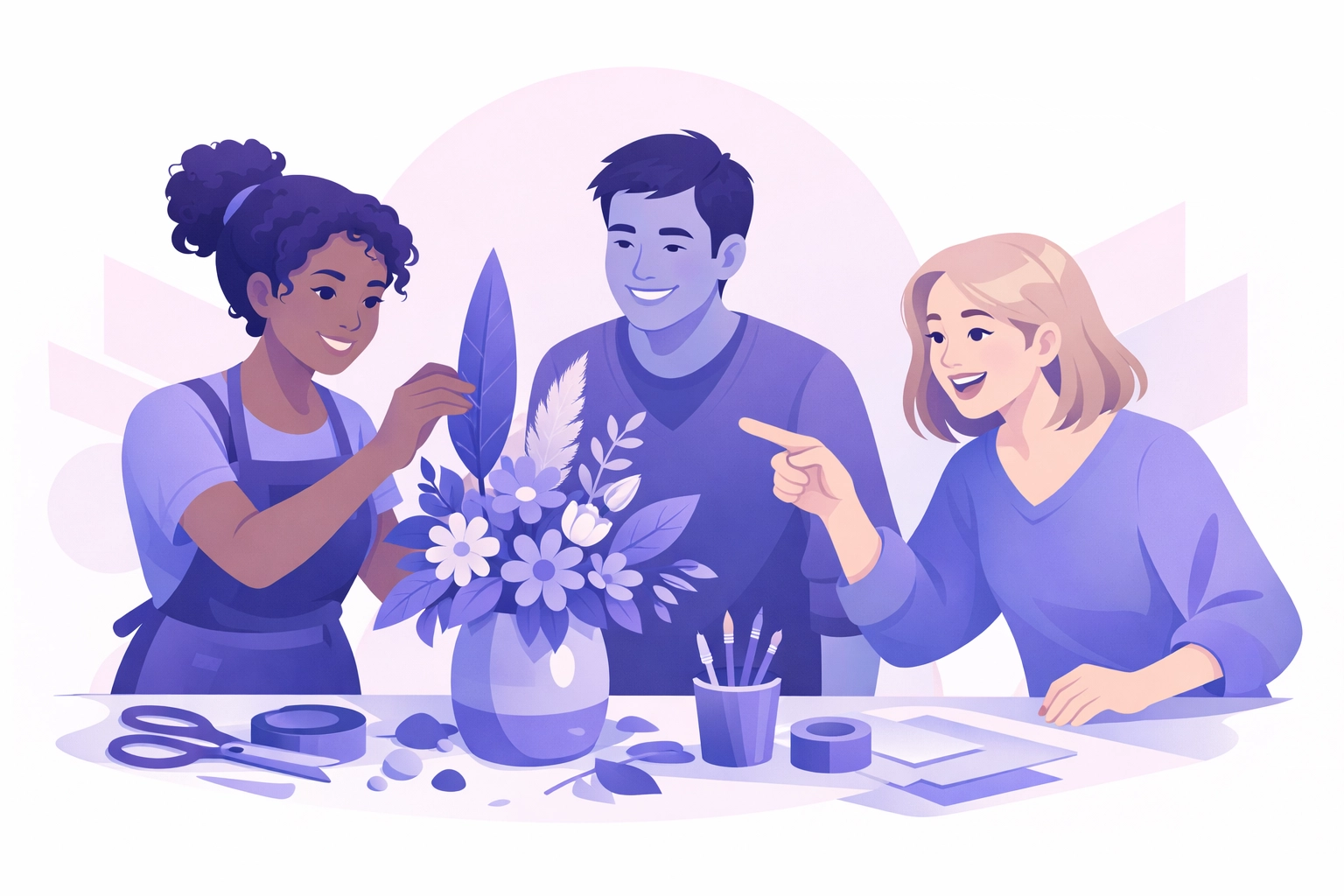 Illustration of a diverse group enjoying a hands-on creative workshop for small business clients.