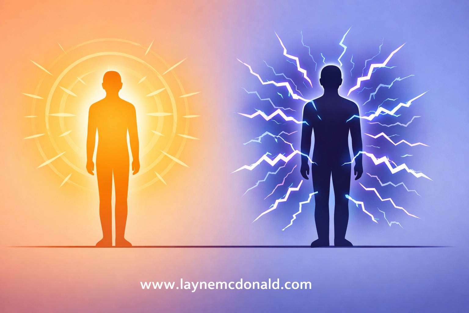 Joy versus anxiety illustrated as two figures: one surrounded by peaceful light, the other by chaotic energy