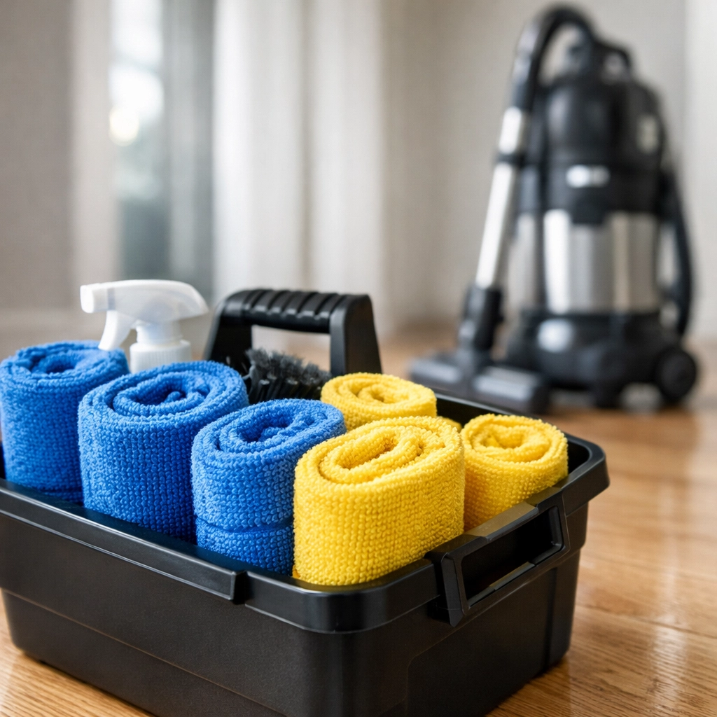 Professional cleaning supplies and HEPA vacuum for eco-friendly residential cleaning Massachusetts.