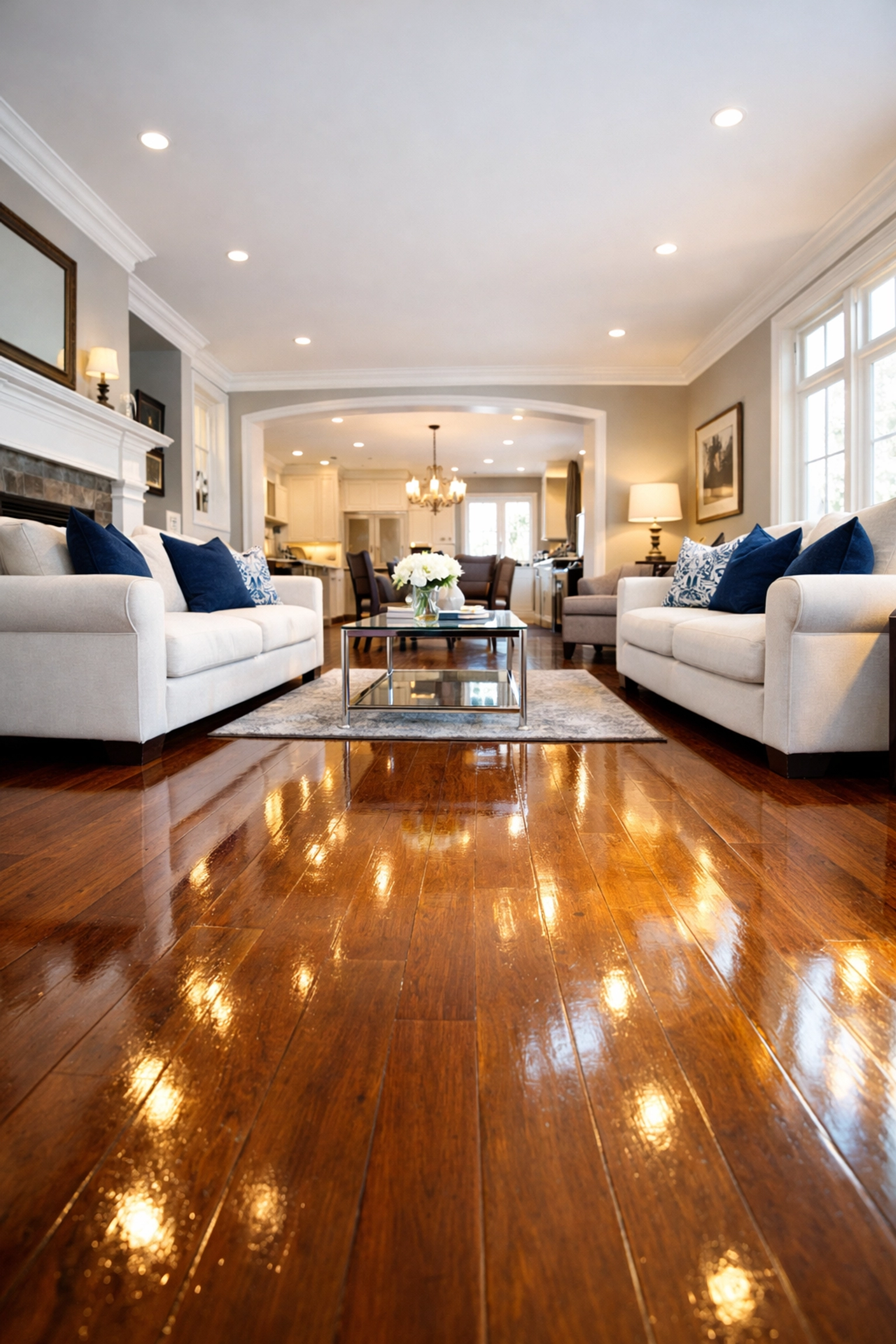 Sunlit, polished hardwood floors in a spacious and clean open-concept Acton living room.