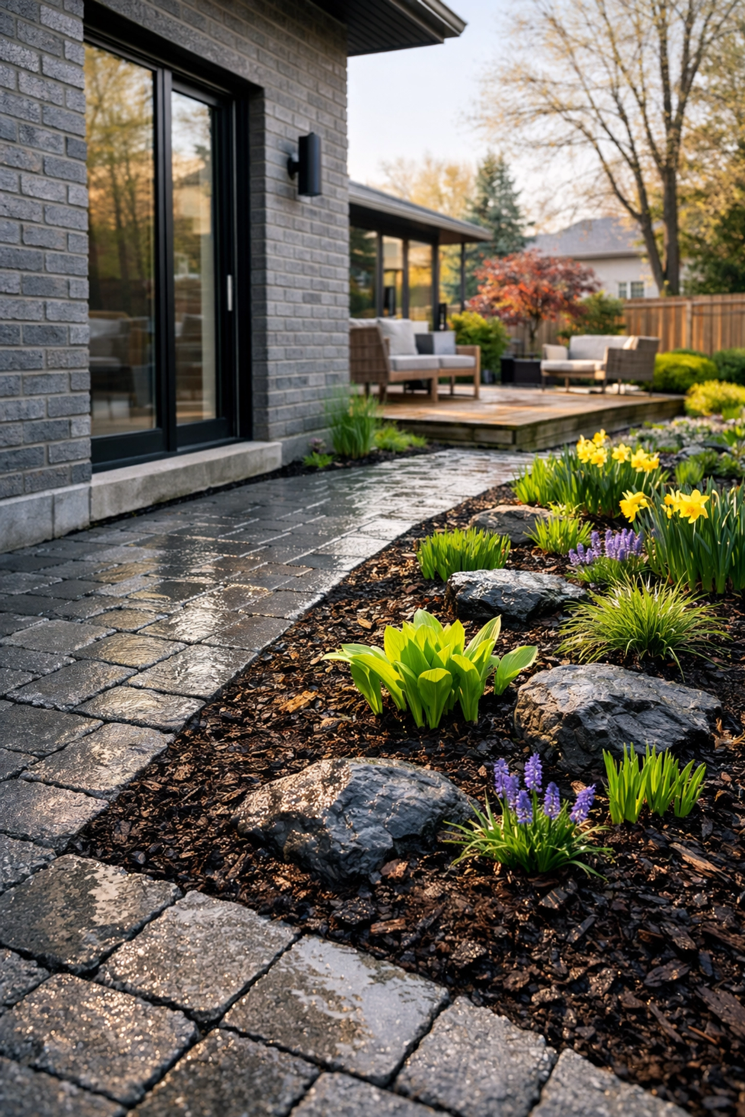 Backyard landscaping with permeable pavers and soil graded away from a Montreal foundation.